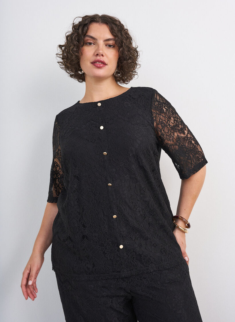 Kanten blouse met decoratieve knopen, Zwart, Model image number 0