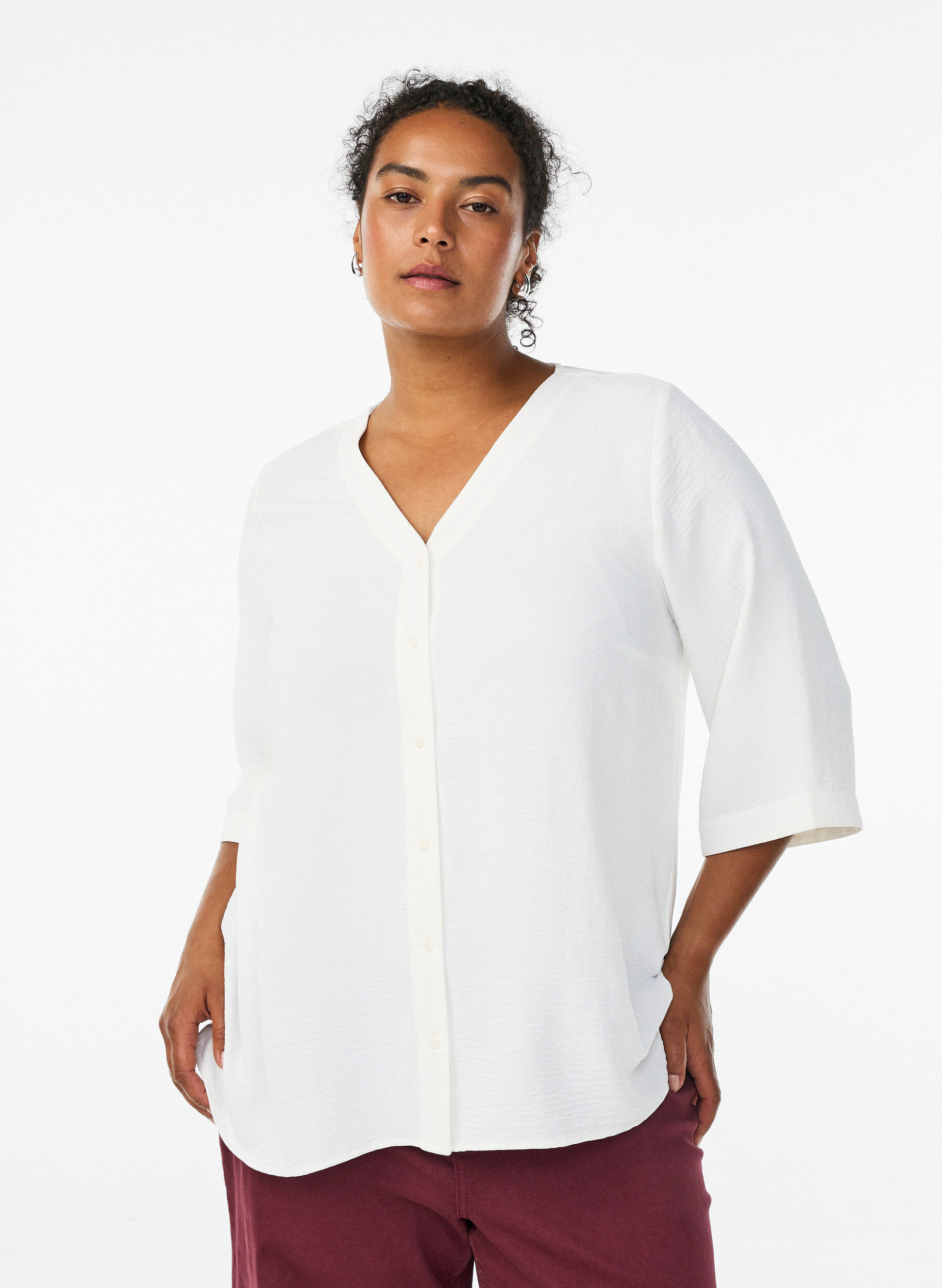 Shirtblouse met V-hals en 3/4 mouwen, Vanille, Model