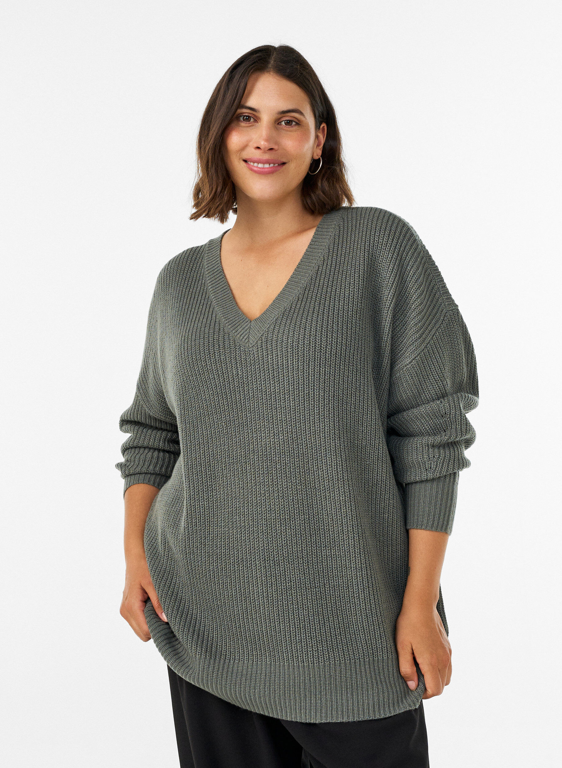 Lange ribgebreide blouse met V-hals, Groen, Model