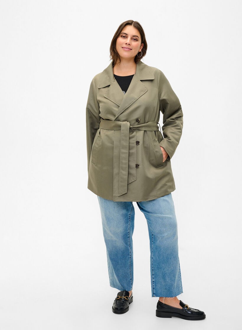 Korte trenchcoat met riem, Groen, Model image number 1