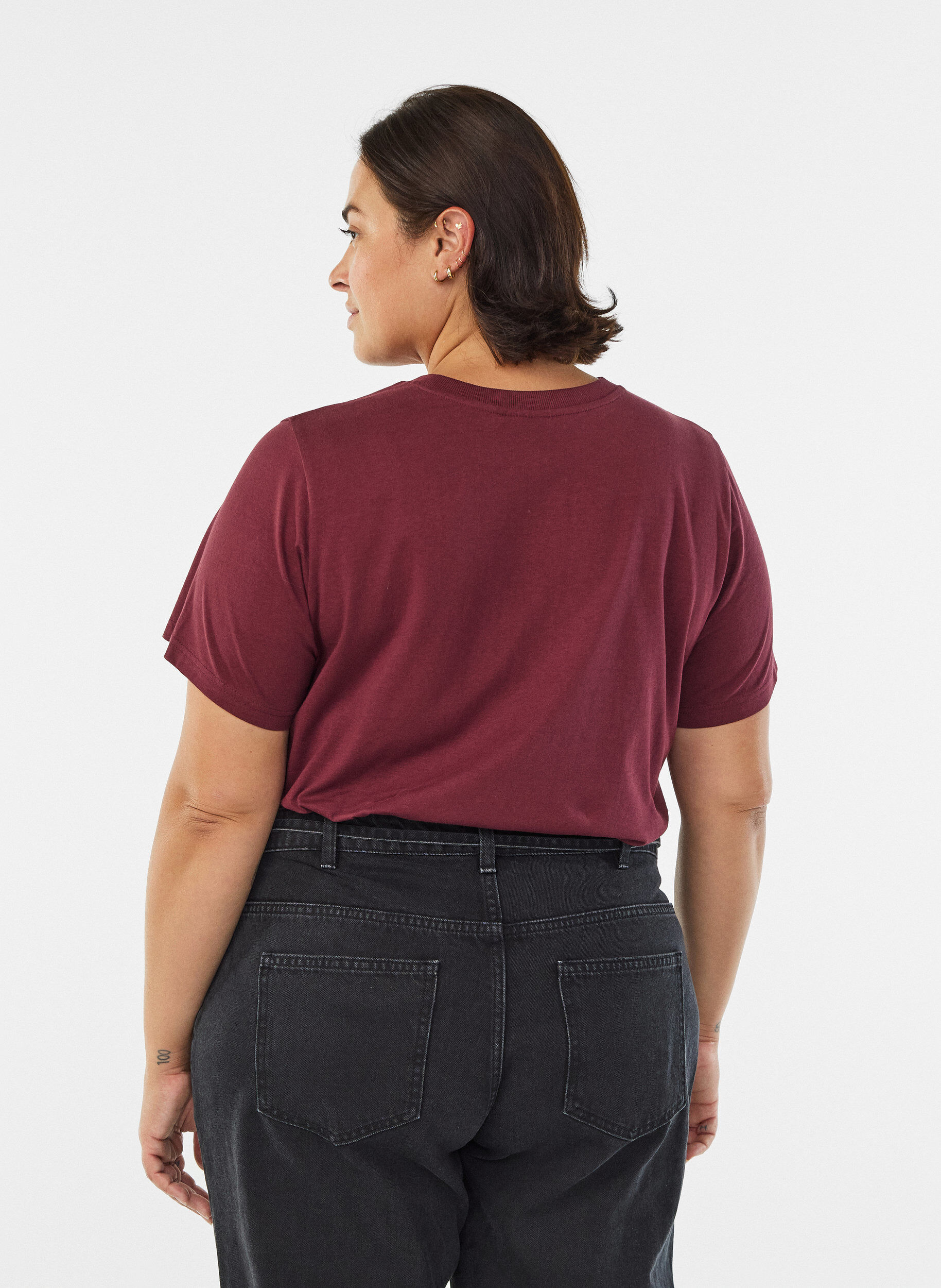 ZizziBasic katoenen T-shirt met ronde hals, Donker Bordeaux, Model image number 2