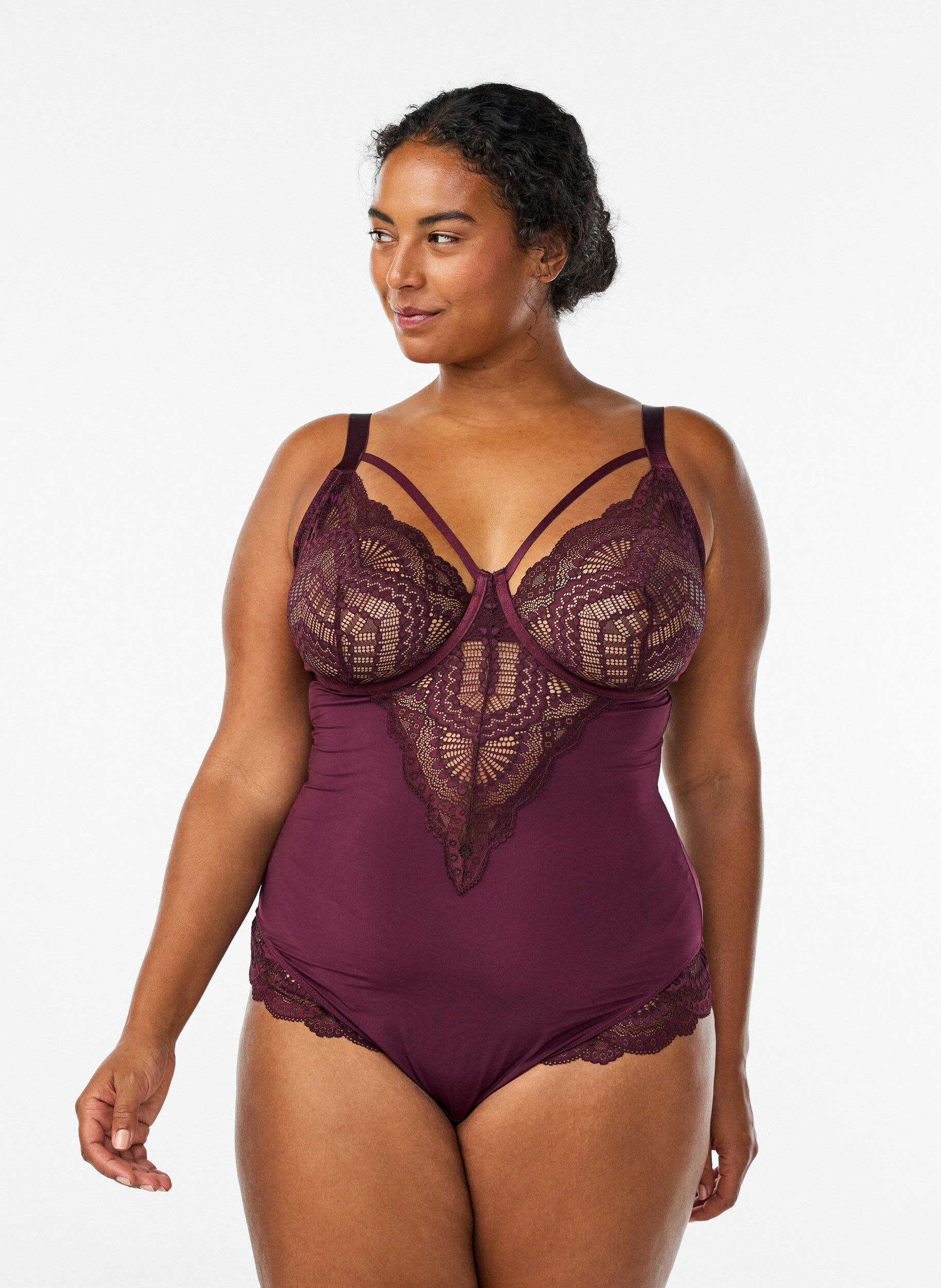 Body van kant met beugels en bandjesdetails, Rood, Model
