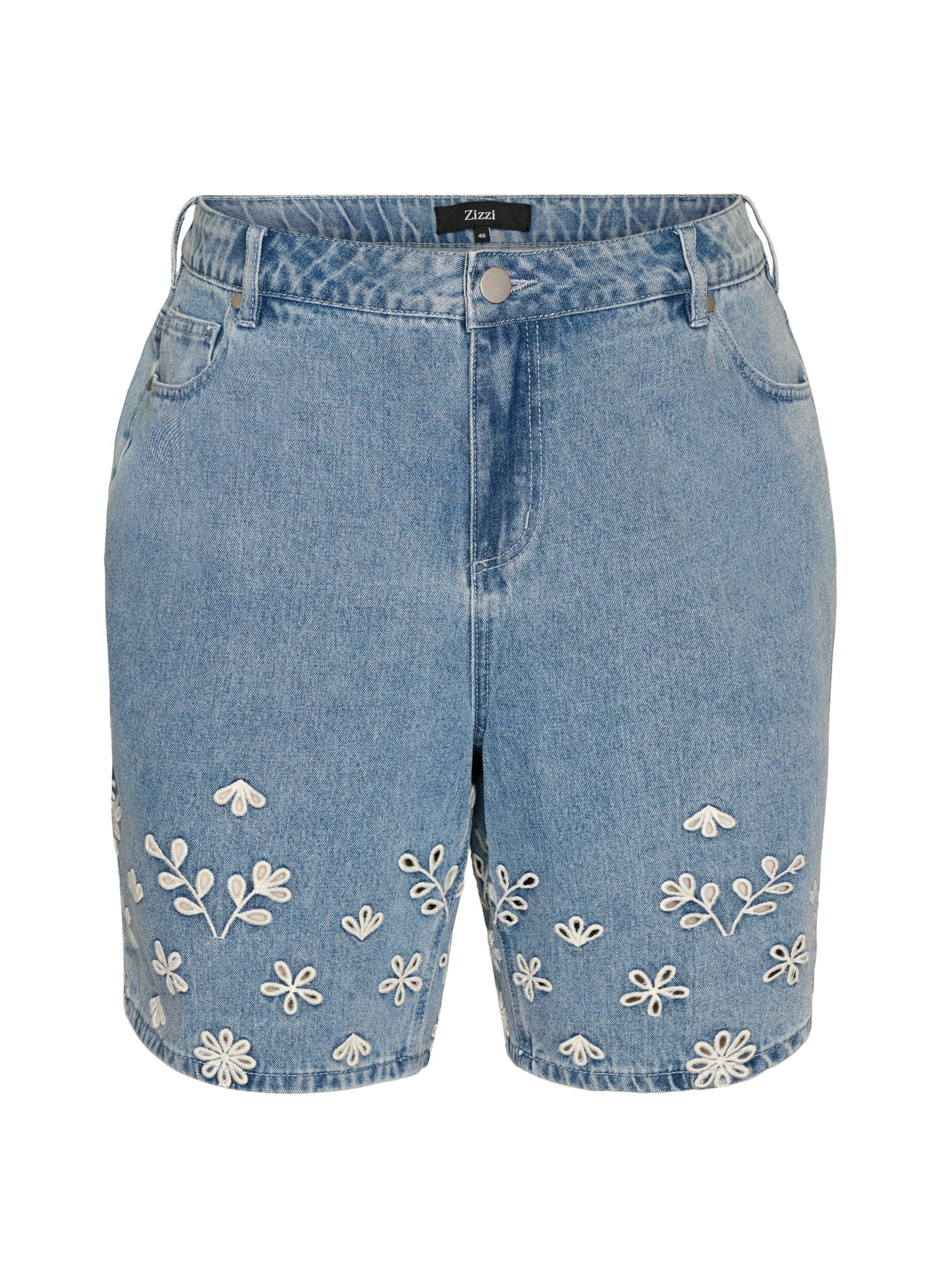 Denim shorts met broderie anglaise en hoge taille