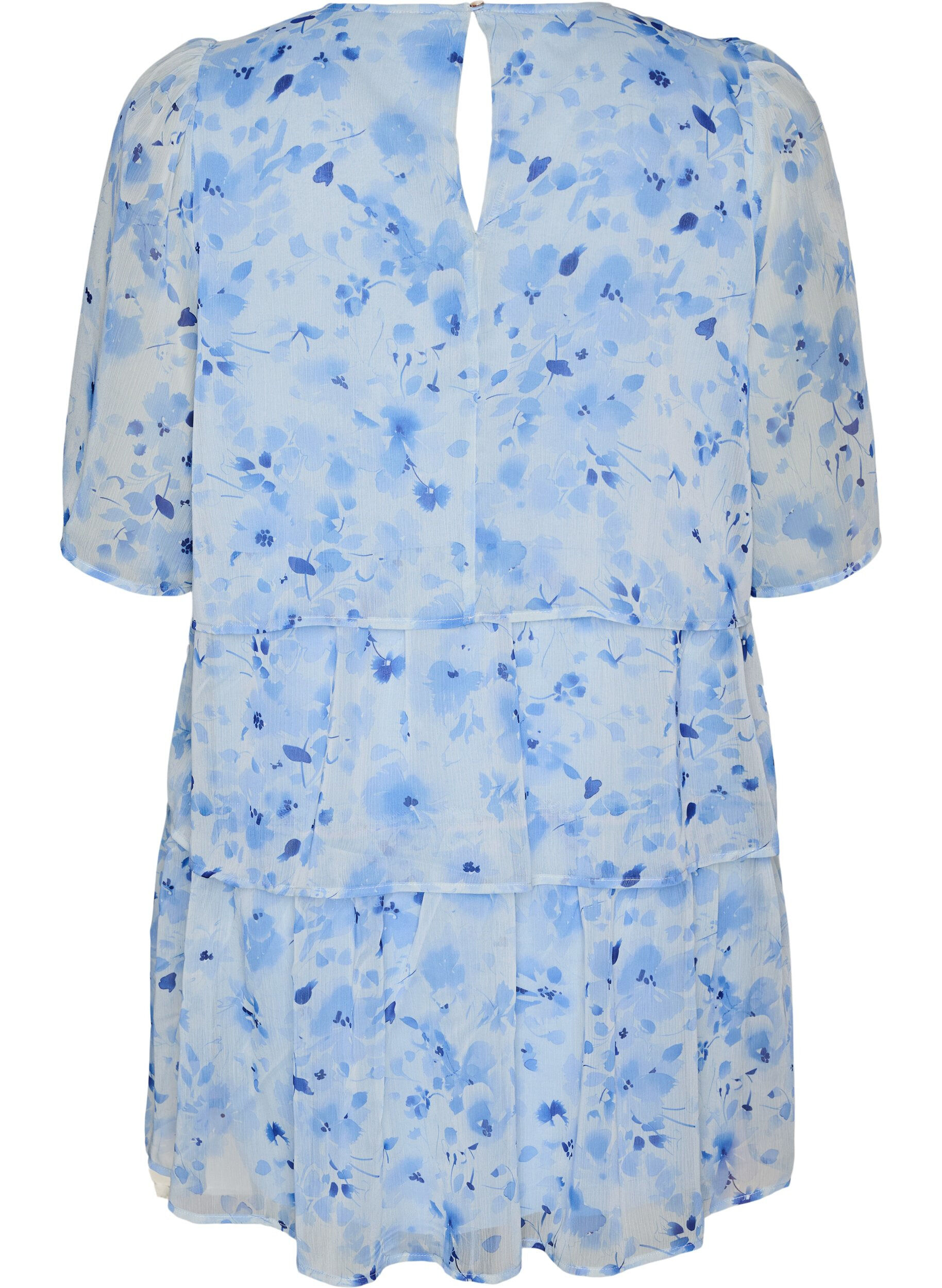 Zizzi Robe courte effet mousseline &agrave; imprim&eacute; floral et volants &eacute;tag&eacute;s, Bleu, Packshot image number 1
