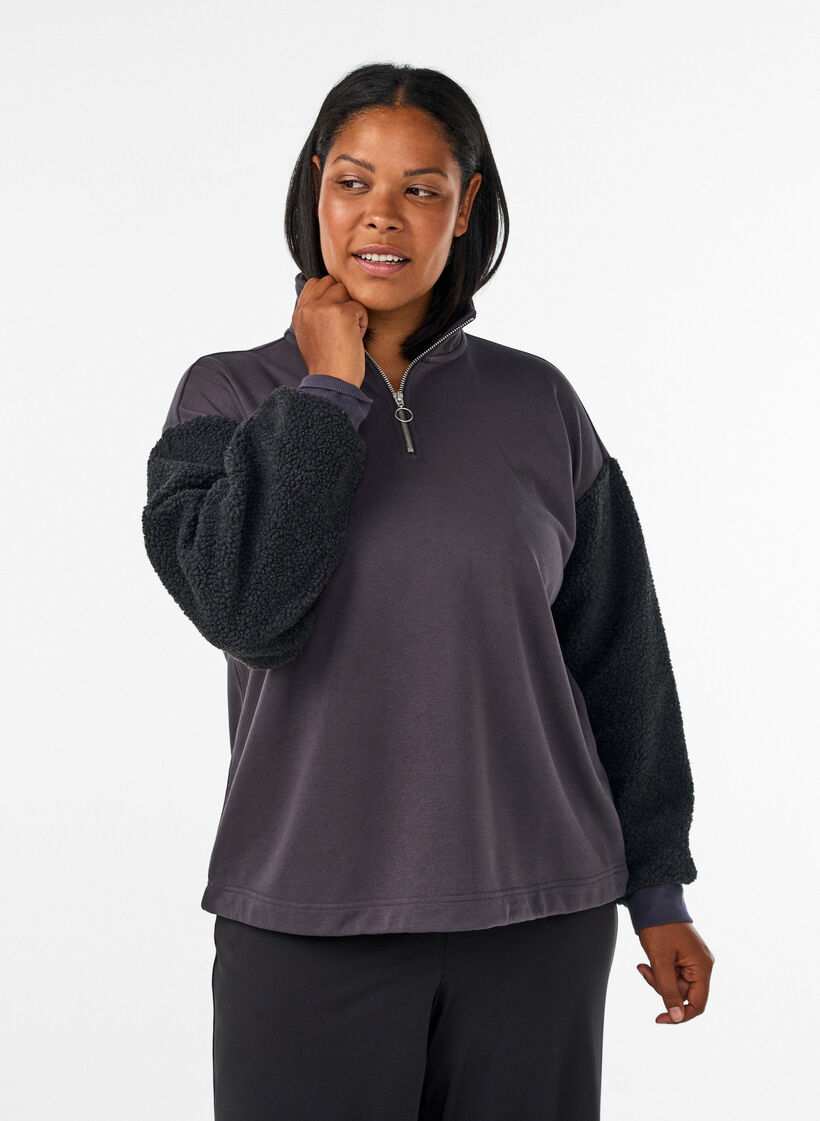 Sweatshirt met teddymouwen en een hoge hals, Grijs, Model image number 0