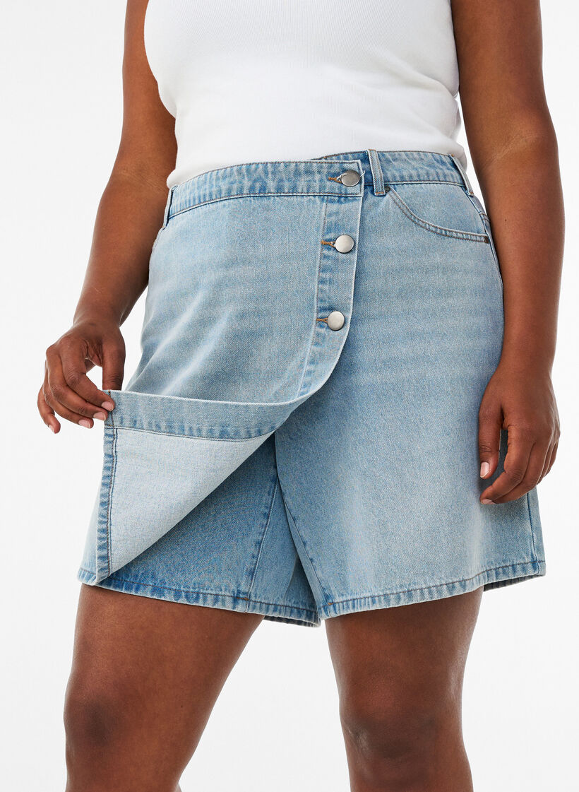 Denim skort met overslag en hoge taille, Blauw, Model image number 3