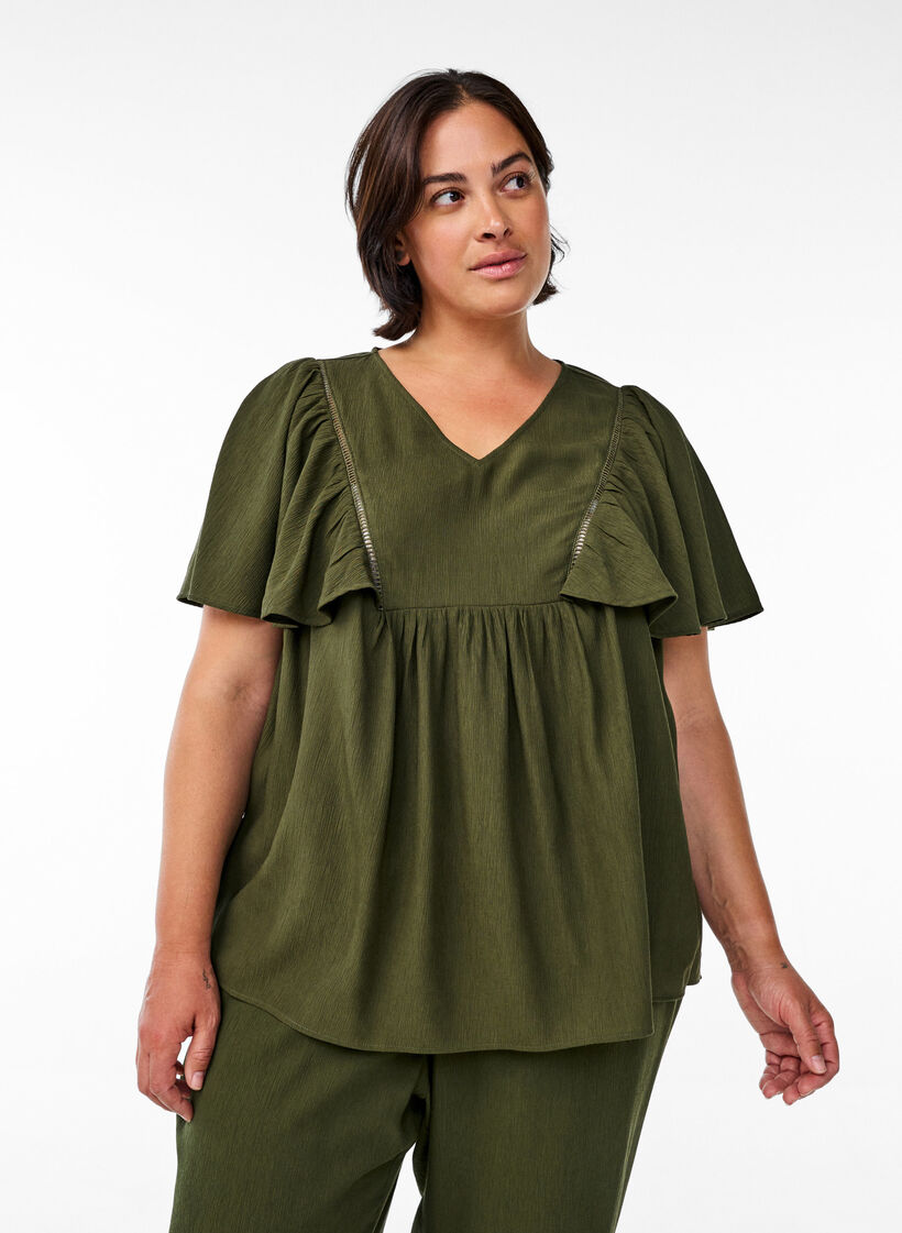 Blouse met korte mouwen met ruches, Groen, Model image number 0