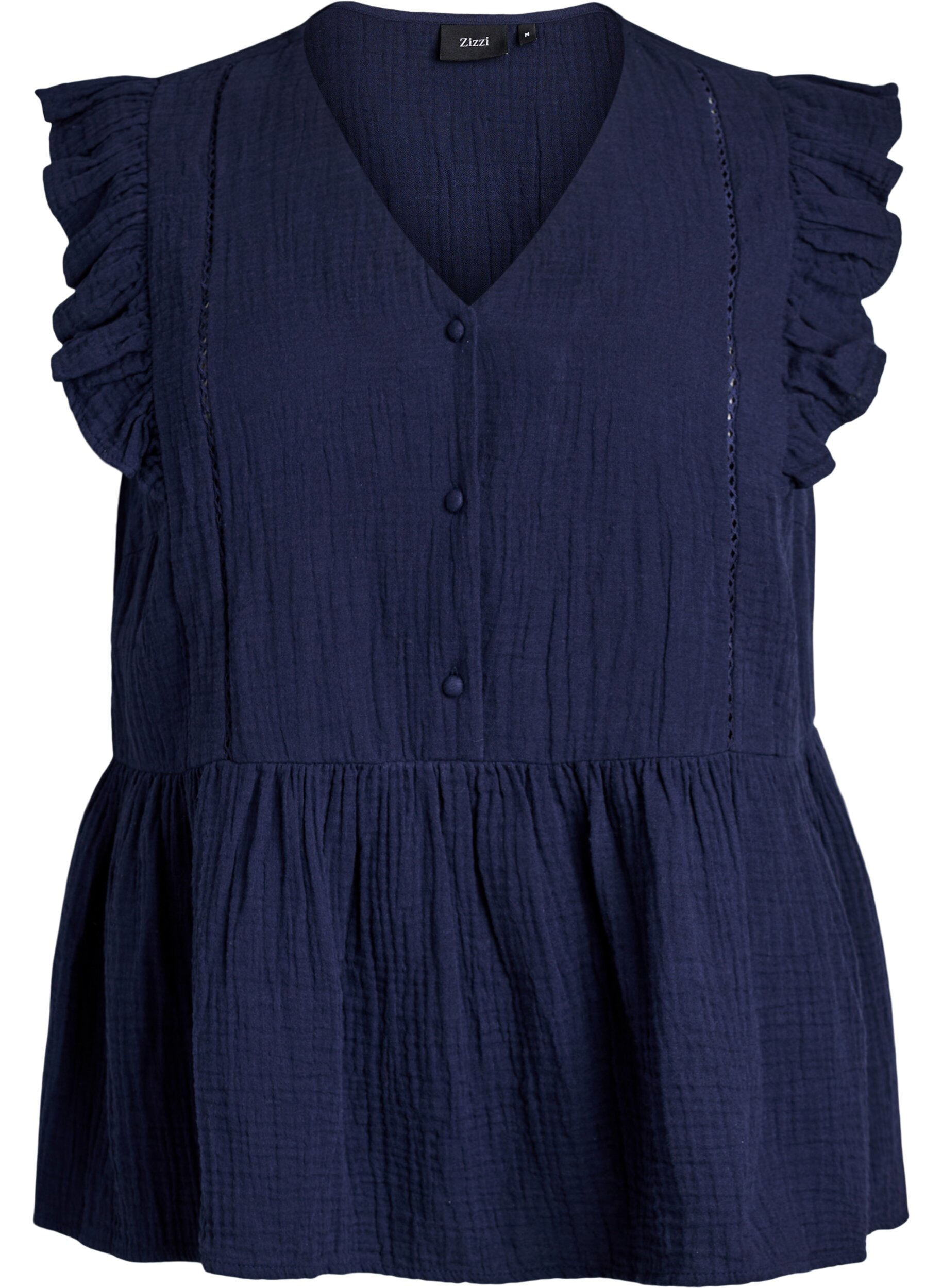 ZizziMouwloze blouse van katoen mousseline met ruches, Blauw, Packshot image number 0