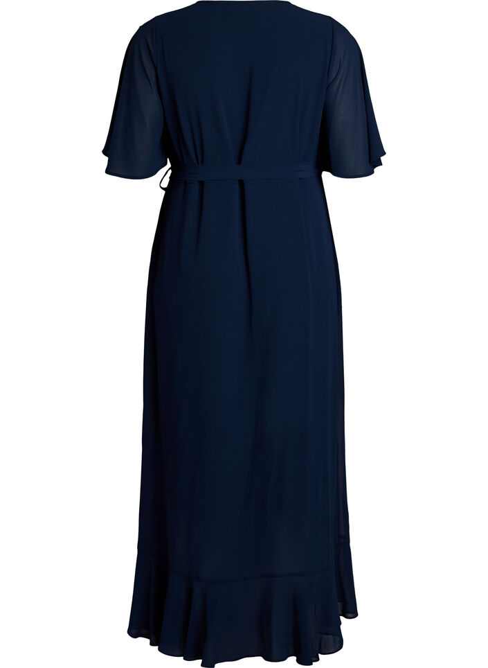 Chiffon maxi-jurk met een V-hals en ruches aan de zoom, Blauw, Packshot image number 1