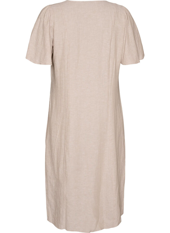 Midi jurk in linnen en viscose met ruchesmouwen, Beige, Packshot image number 1