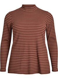 Geribde gestreepte jersey blouse met een hoge hals, Bruin Geribde gestreepte jersey blouse met een hoge hals