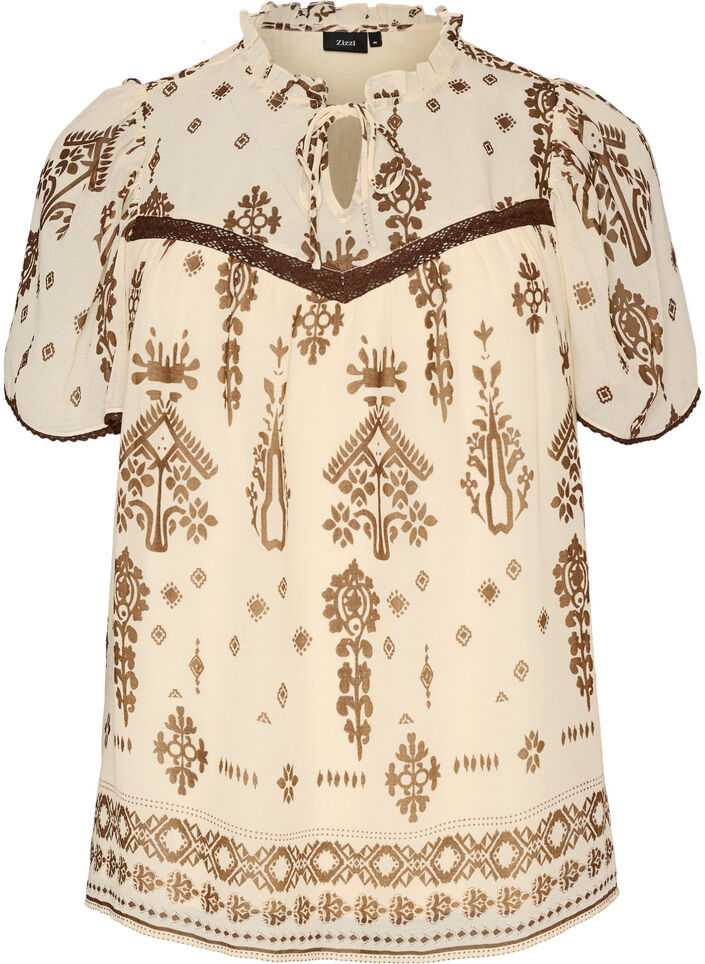 Blouse met patroon en gehaakte afwerking, Beige, Packshot image number 0