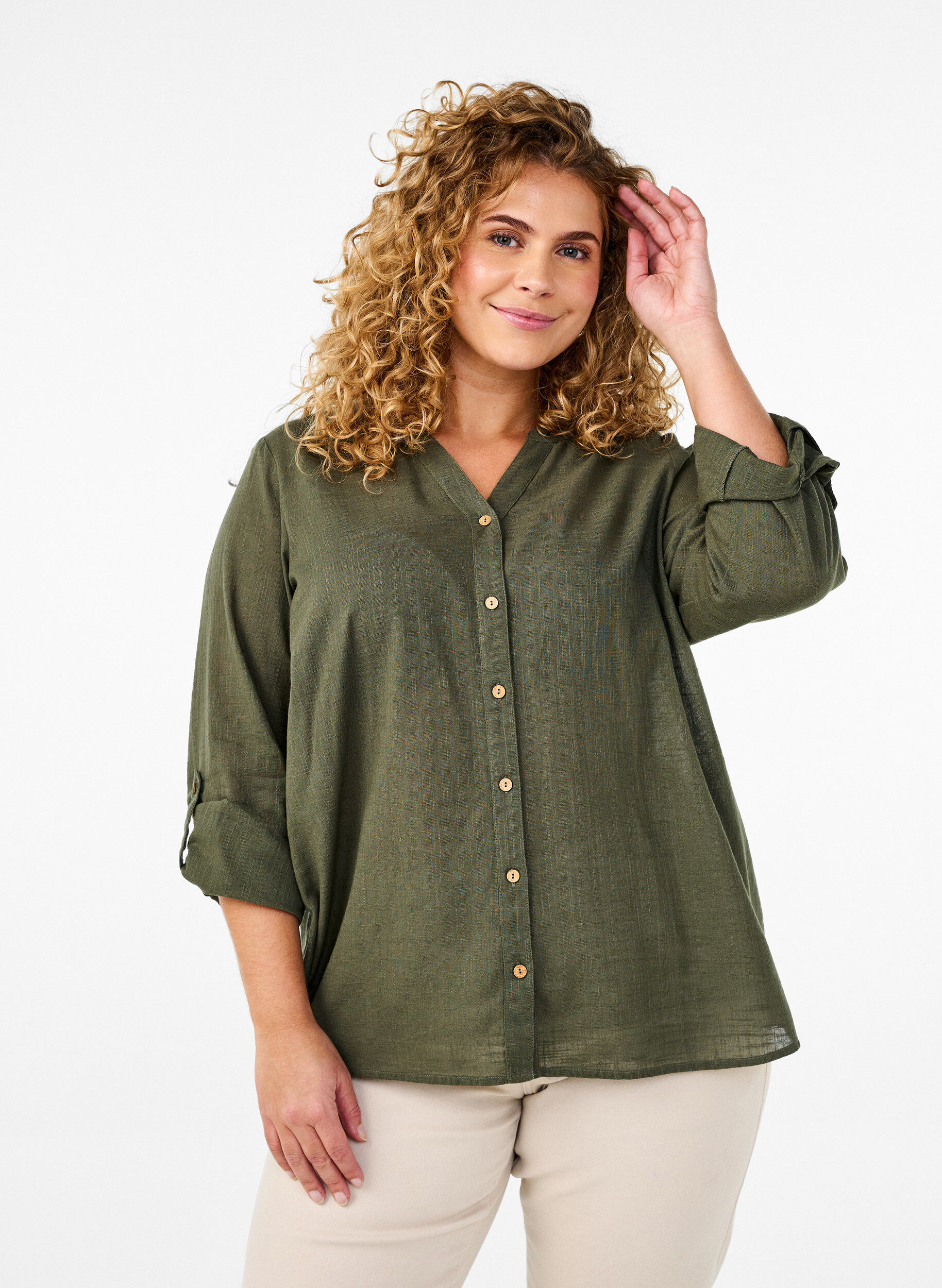 Katoenen blouse met een V-hals, Groen, Model