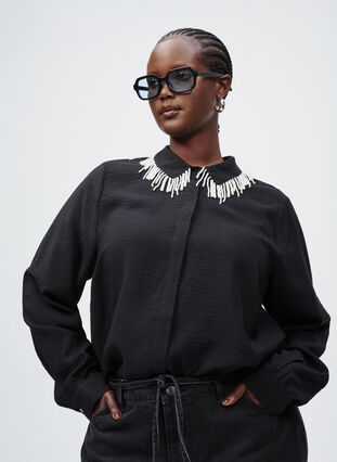 ZizziViscose tuniek met parelgeborduurde kraag, Black, Image image number 0