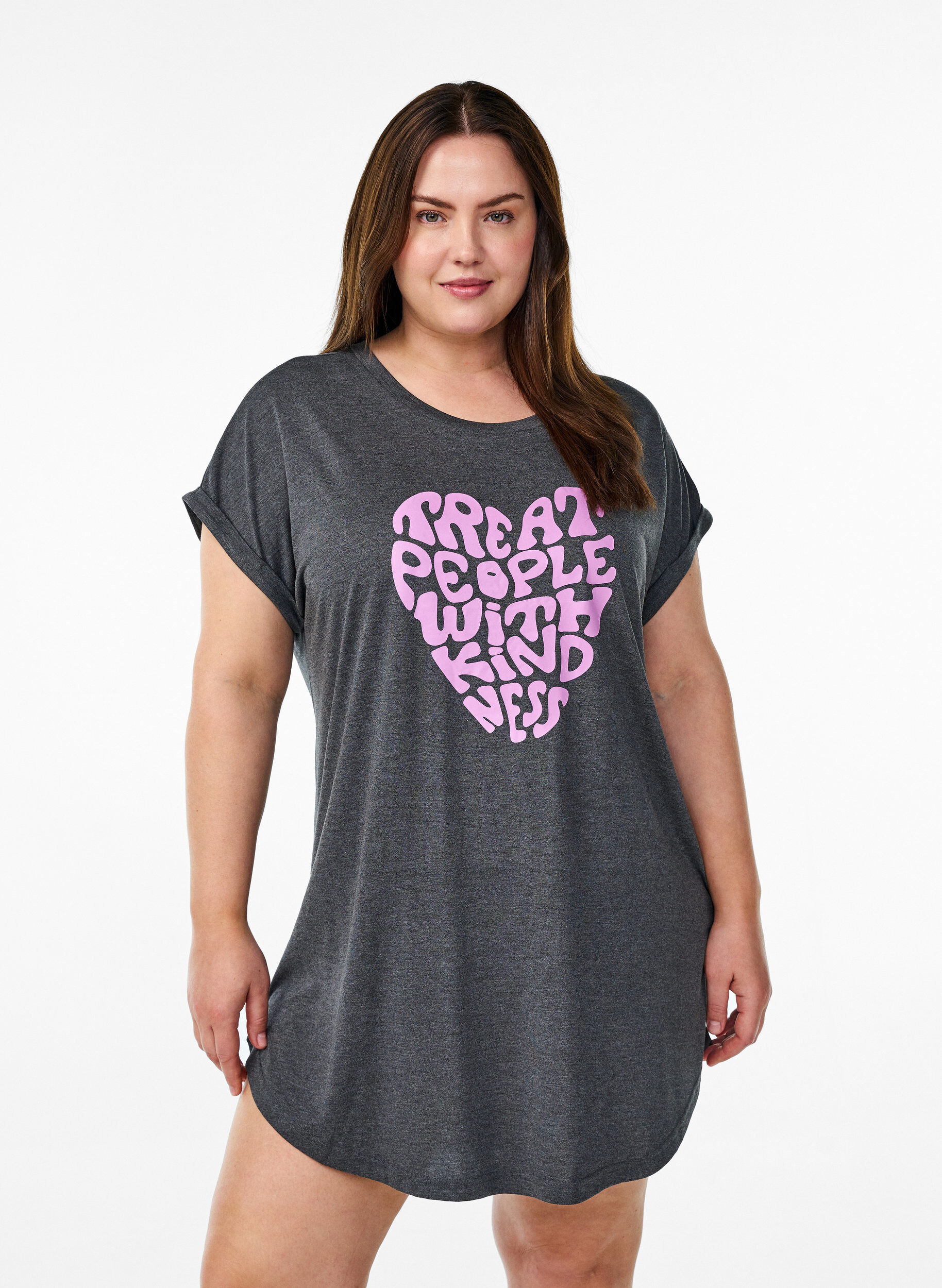 ZizziNachtjapon met korte mouwen en tekstopdruk, Zwart, Model image number 0