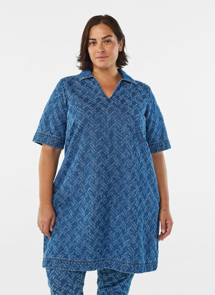 ZizziKorte denimjurk met textuurpatroon, Blue Denim ZigZag, Model image number 0