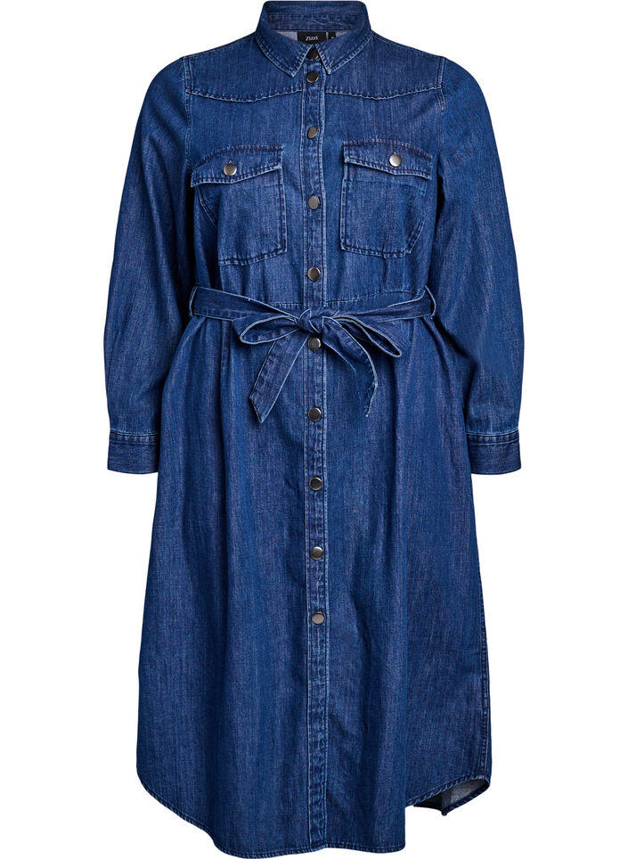 Halflange denim jurk met strikceintuur, Dark Blue Denim, Packshot