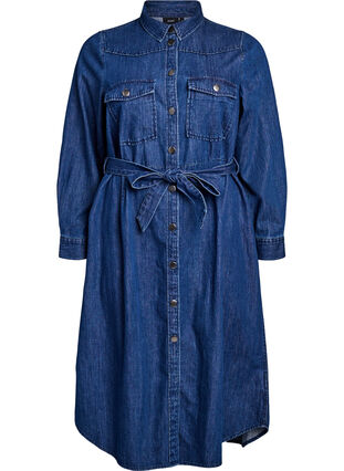 ZizziHalflange denim jurk met strikceintuur, Dark Blue Denim, Packshot image number 0