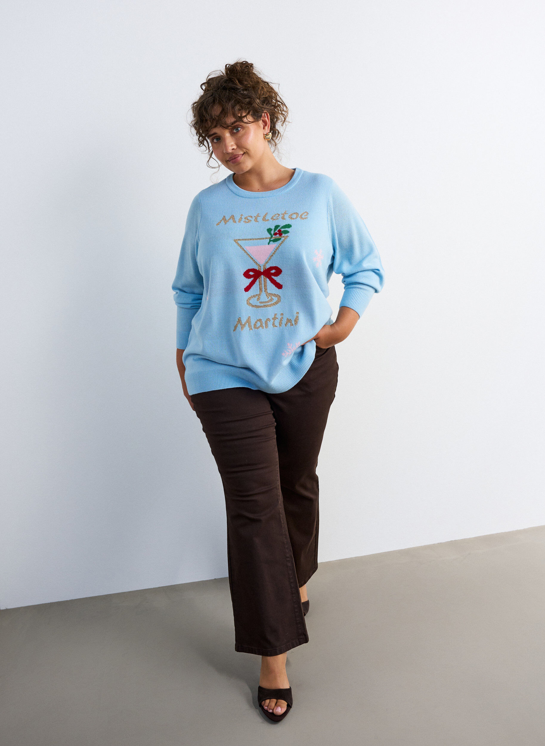 ZizziGebreide blouse met een kerstmotief, Blauw, Model image number 1