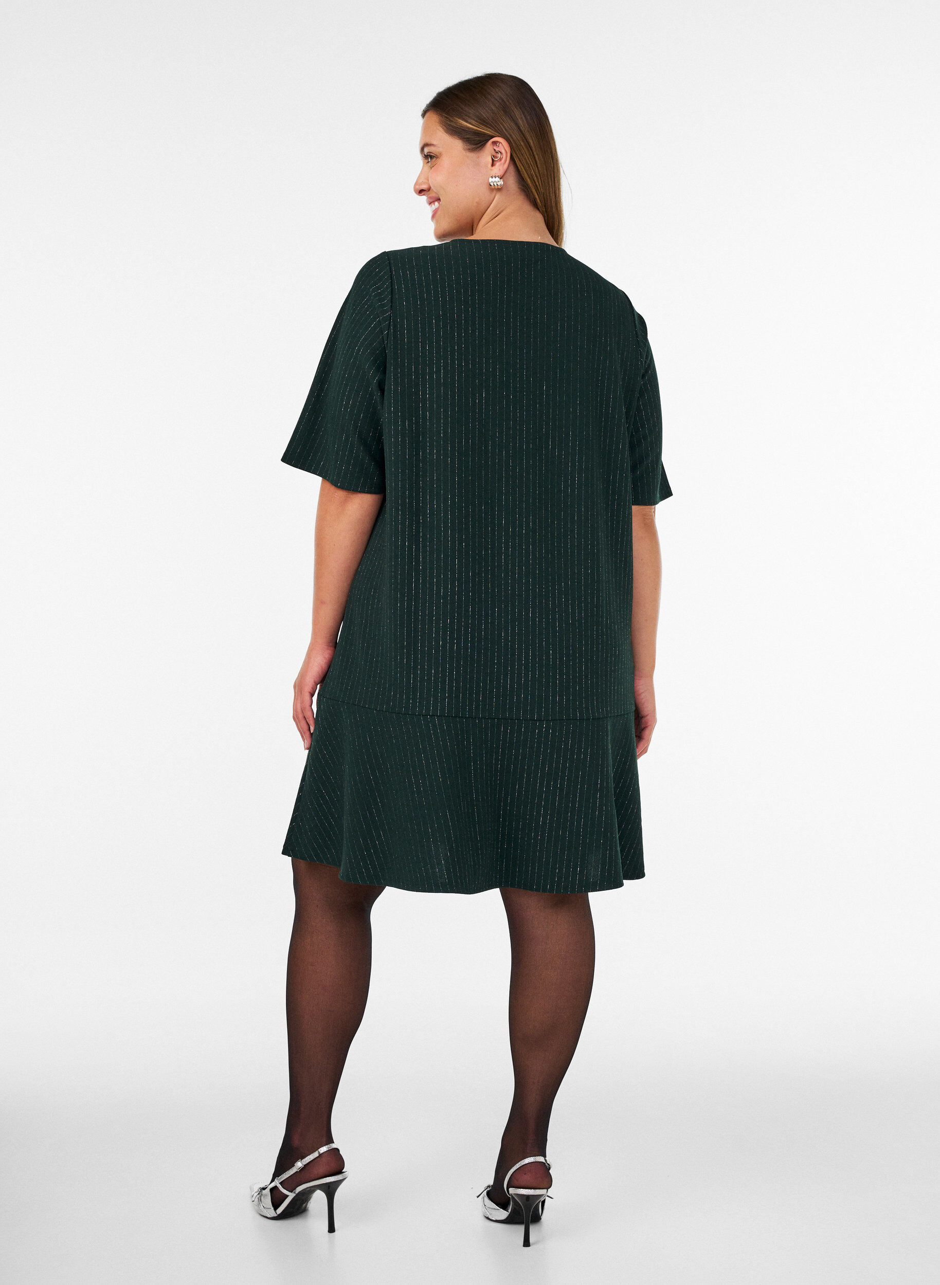 ZizziKorte A-lijnjurk met glitterstrepen, Groen, Model image number 2