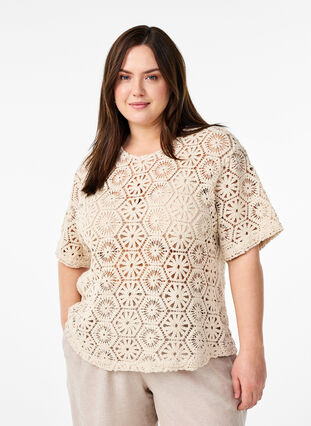 ZizziHaakblouse met korte mouwen, Beige, Model image number 0