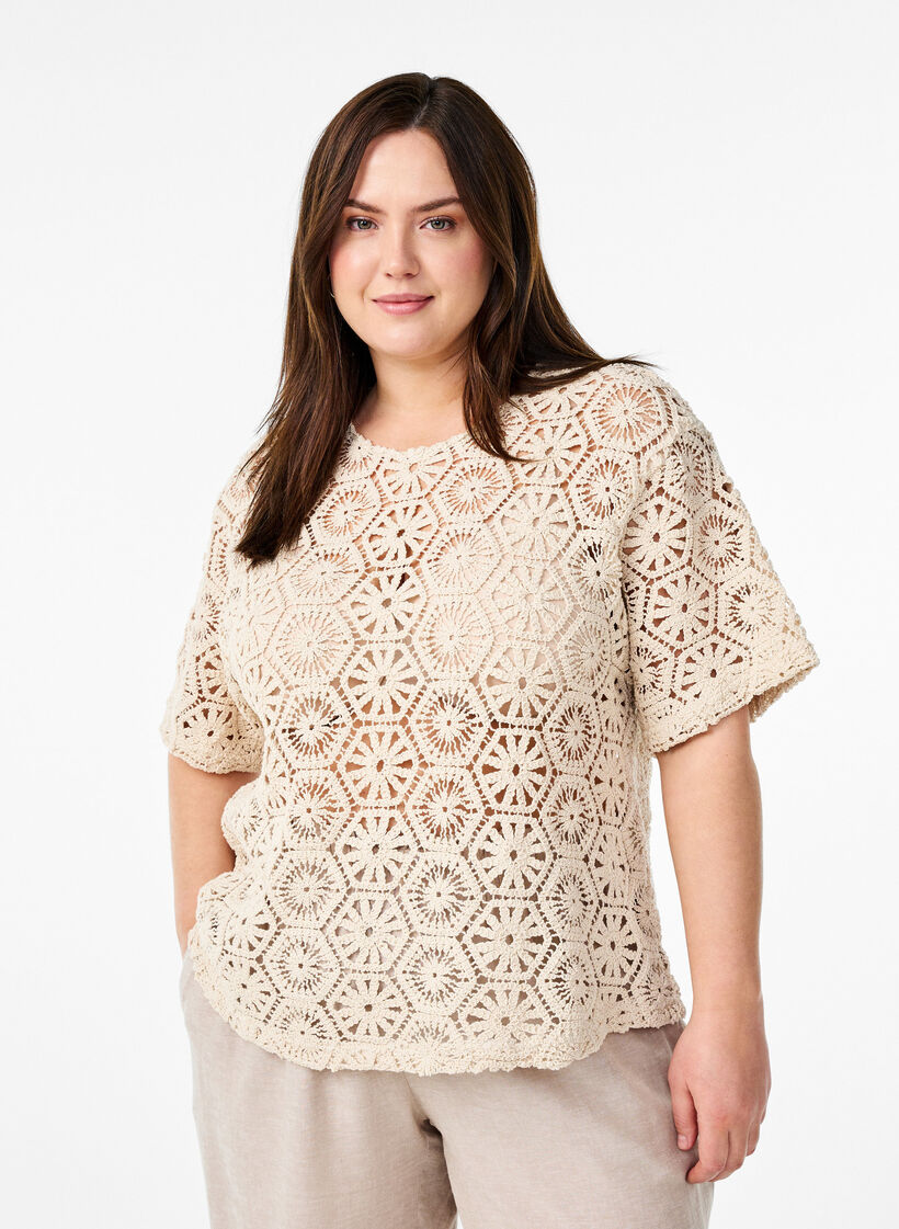 Haakblouse met korte mouwen, Beige, Model image number 0