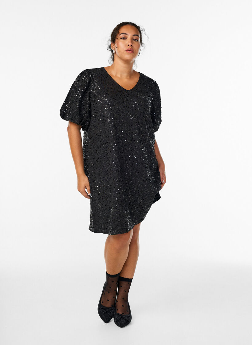 Korte jurk met pailletten en pofmouwen, Zwart, Model image number 1
