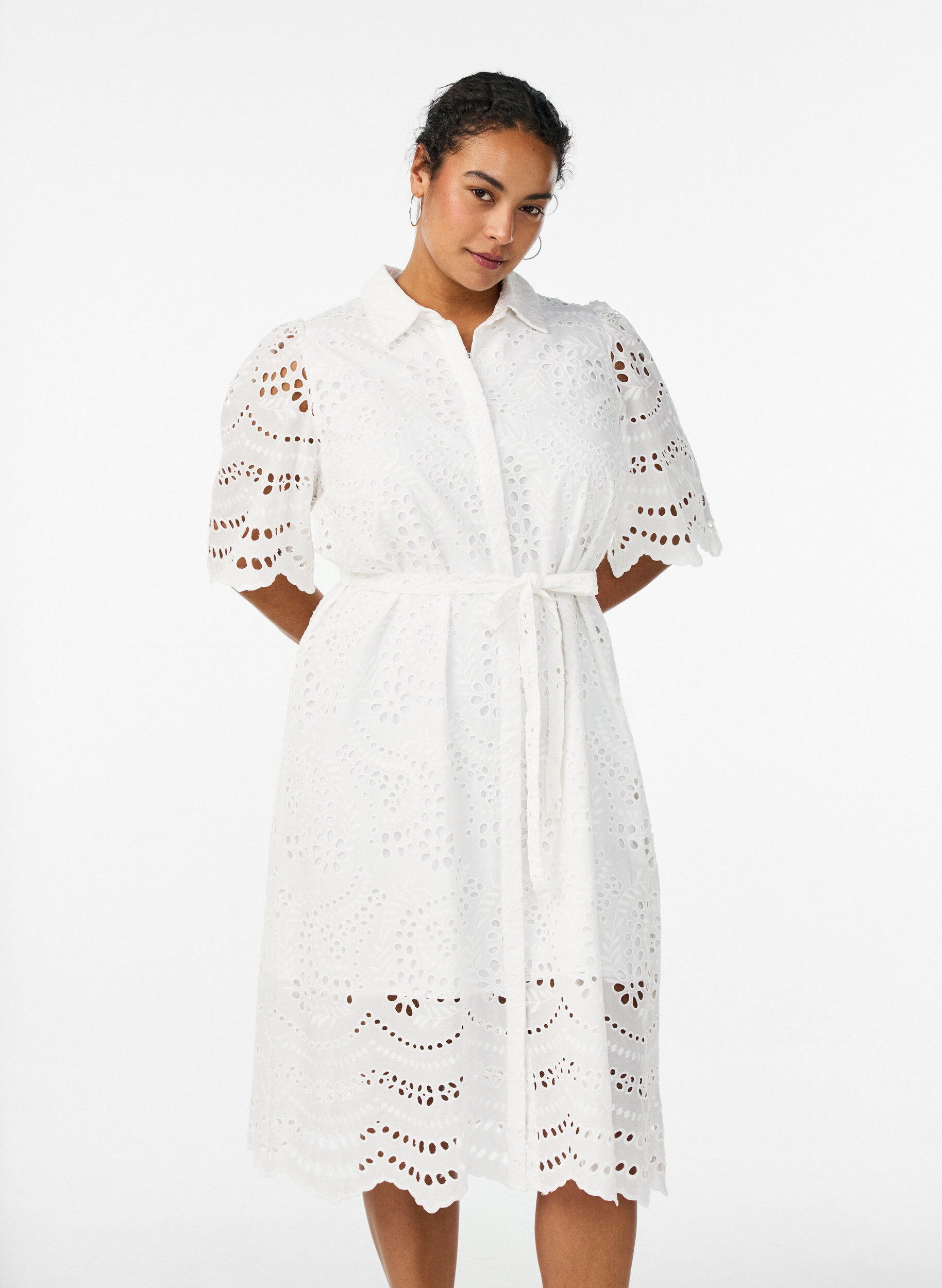 ZizziBlousejurk in broderie anglaise met strikceintuur, Wit, Model image number 0