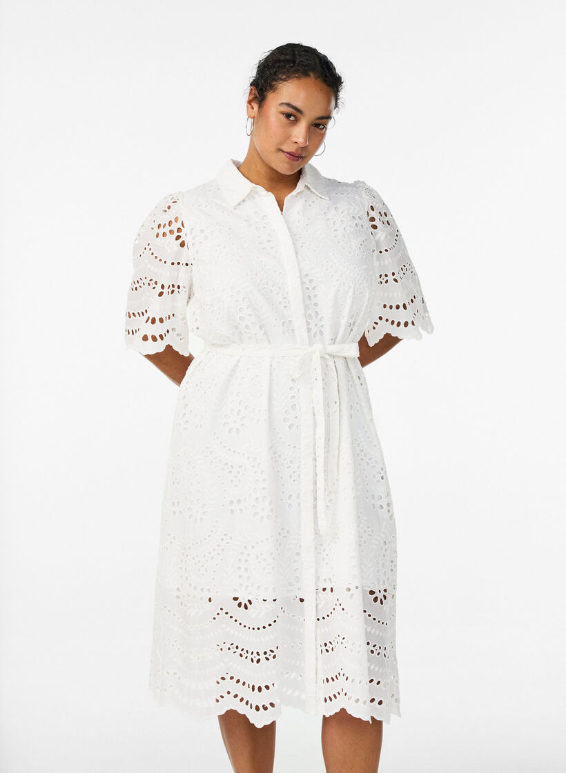 Blousejurk in broderie anglaise met strikceintuur, Wit, Model image number 0