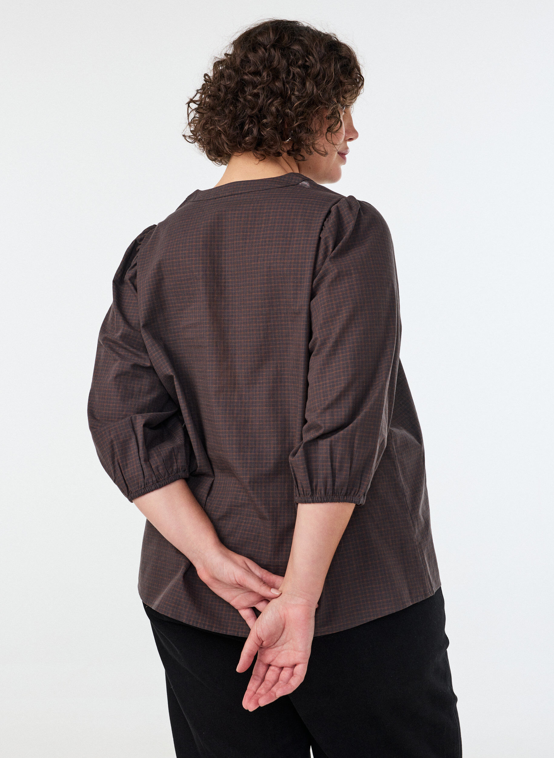 ZizziBlouse met ruitdessin, V-hals en 3/4-mouwen, Bruin, Model image number 2