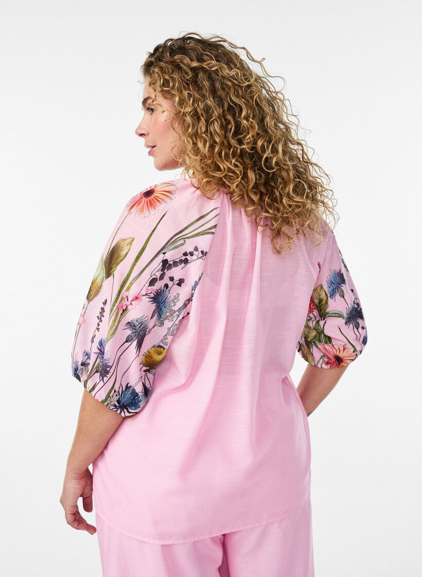 Blouse avec lien &agrave; nouer et manches &agrave; imprim&eacute; fleuri, Rose, Model image number 2