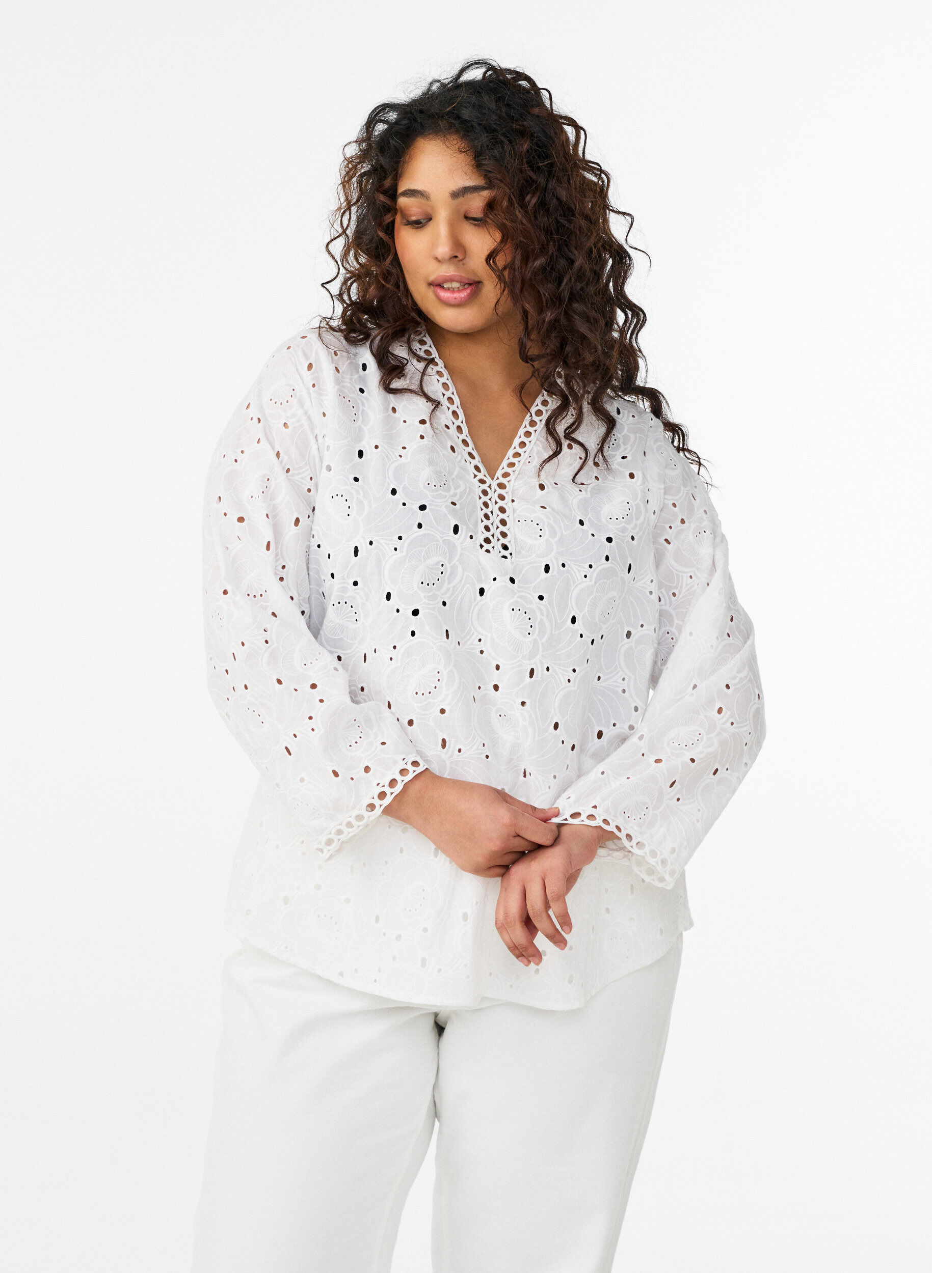 Blouse van katoen met lange mouwen en broderie anglaise, Wit, Model