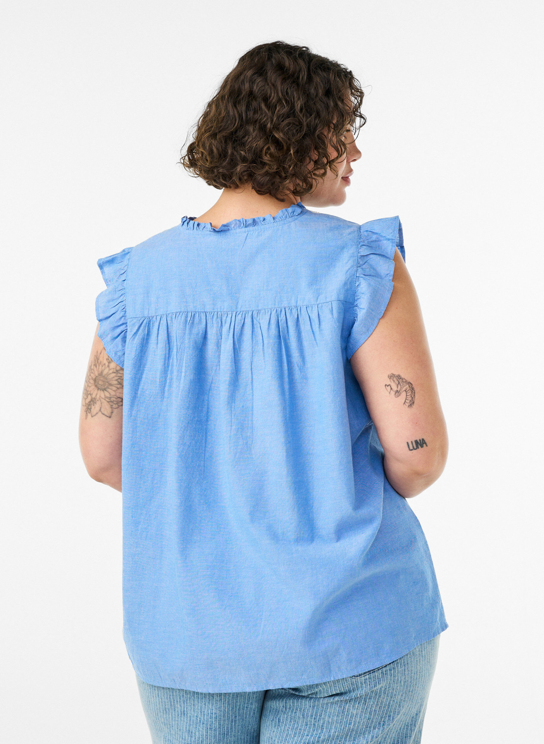 ZizziKatoenen blouse zonder mouwen met rucheranden, Blauw, Model image number 2
