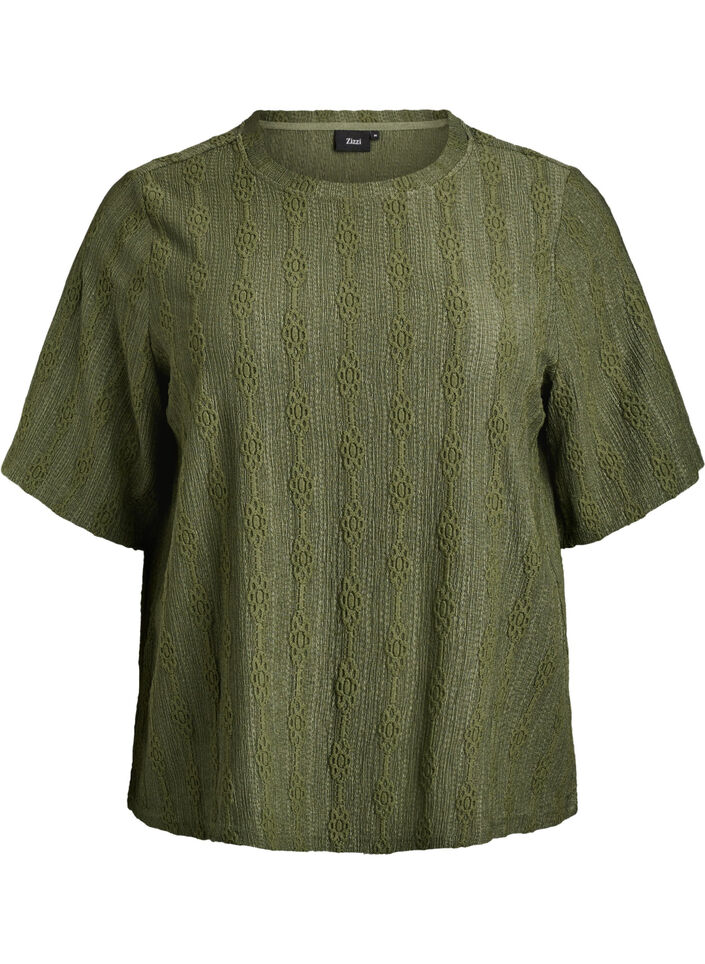 Blouse met structuurpatroon en korte mouwen, Groen, Packshot image number 0