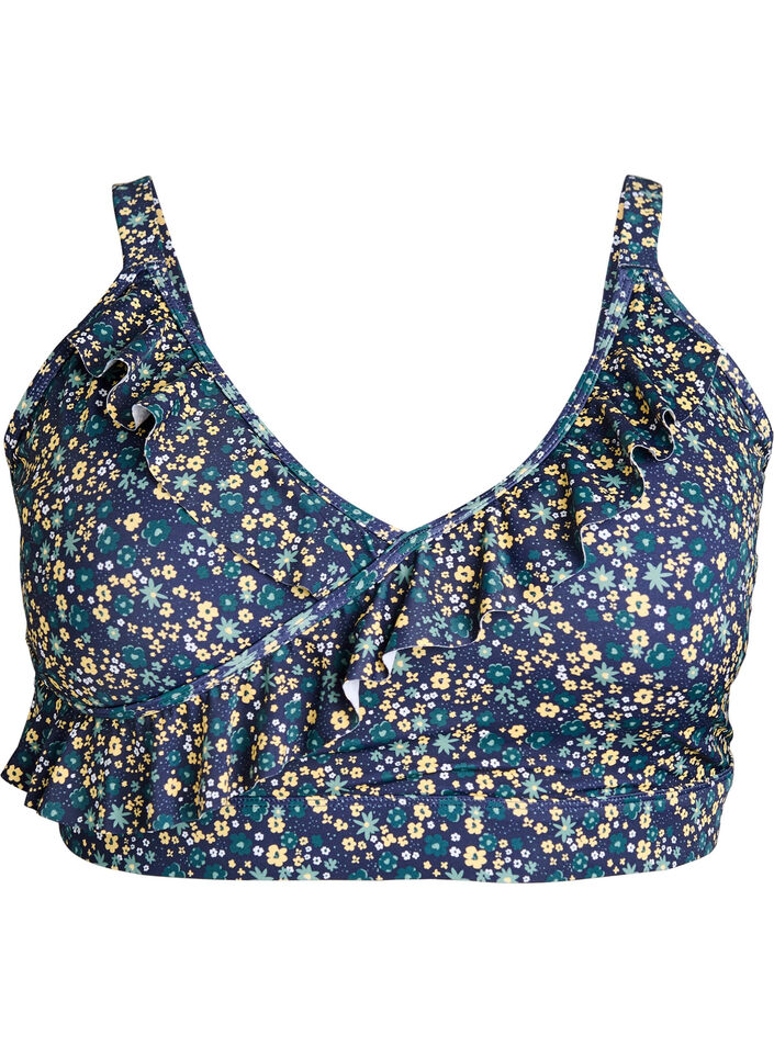 Bloemen bikinitop met ruches, Blauw, Packshot image number 0