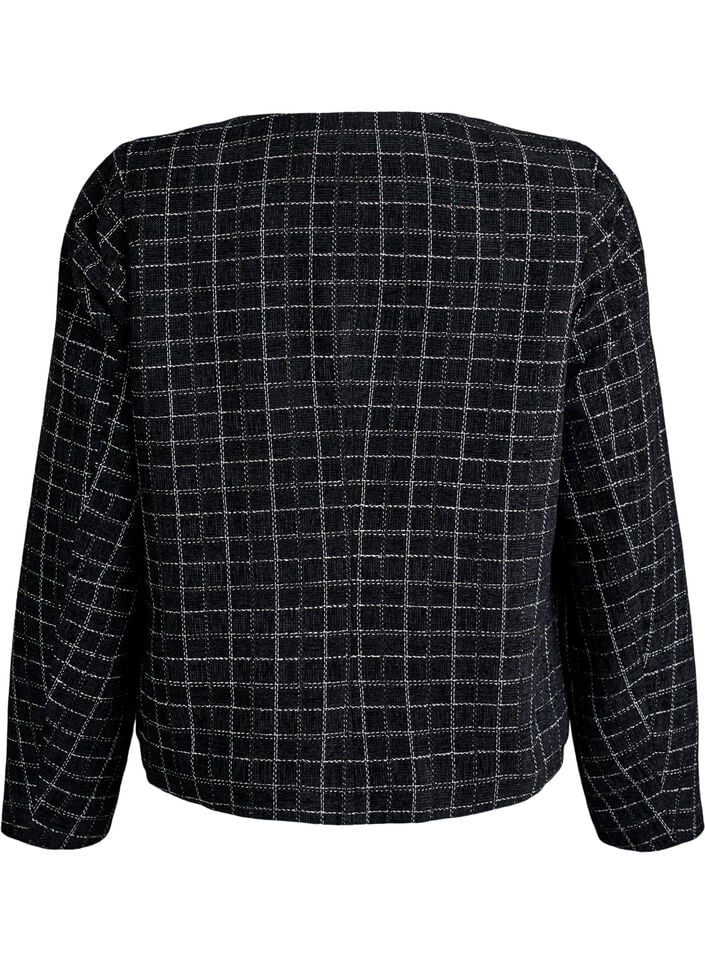 Korte bouclé blazer met ruitjes en ronde hals, Black w. Check, Packshot