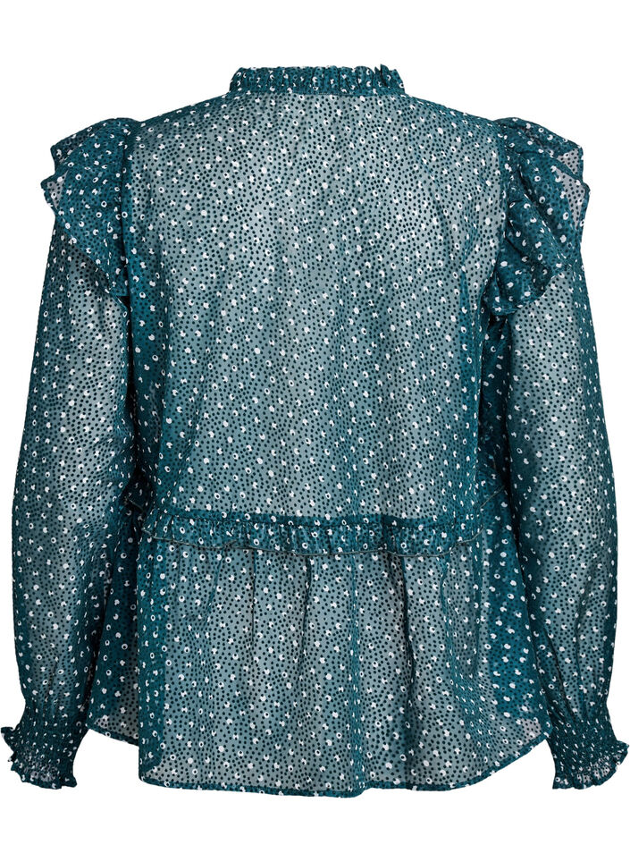 Chiffon blouse met ruchesdetails en kleine stippen, Groen, Packshot image number 1
