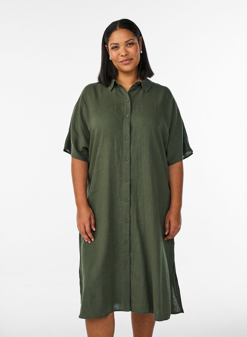 Shirtjurk in linnen en viscose met korte mouwen, Groen, Model image number 0