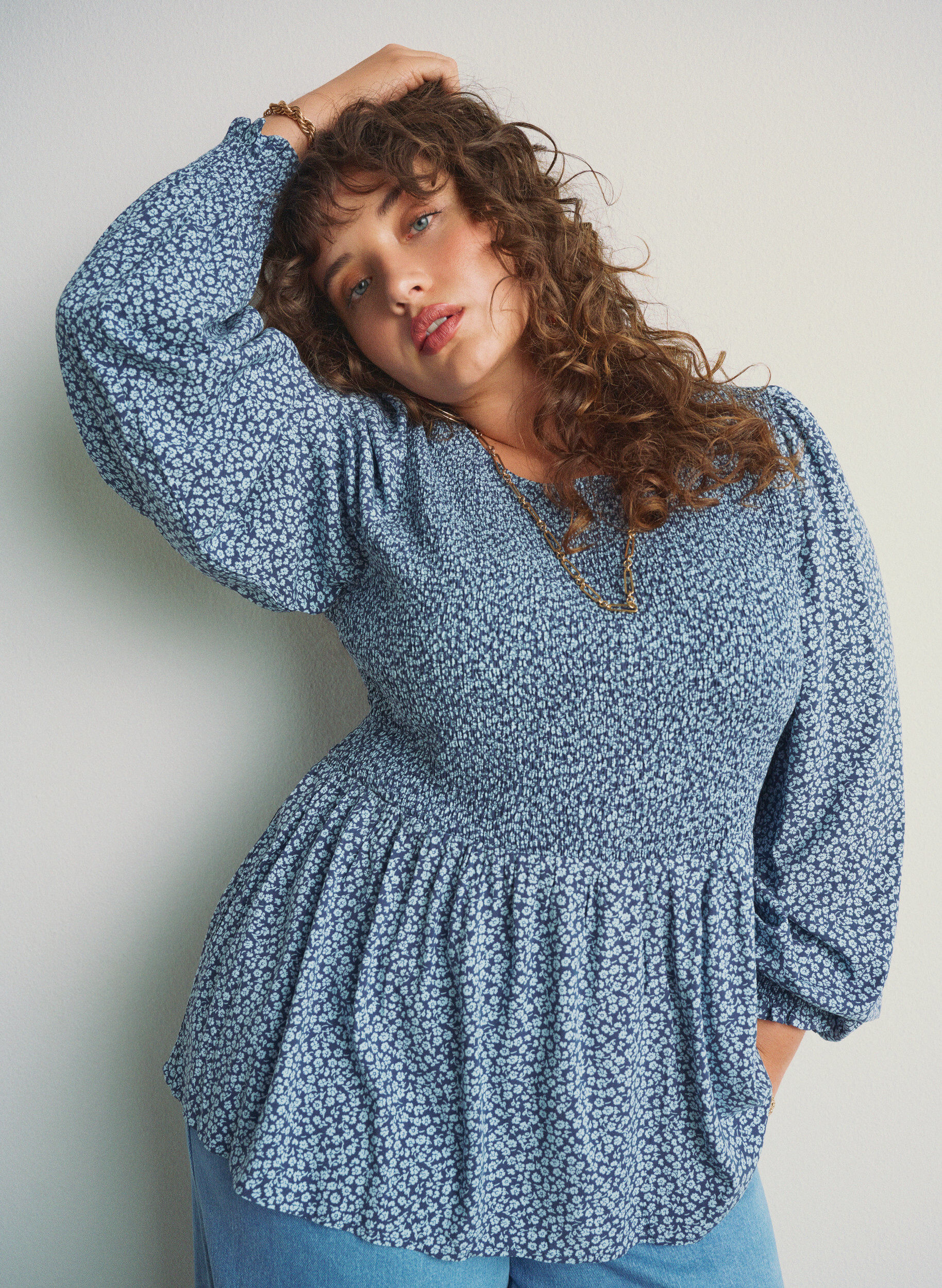 ZizziBlouse met gesmokte top en bloemenprint, Blauw, Image image number 0