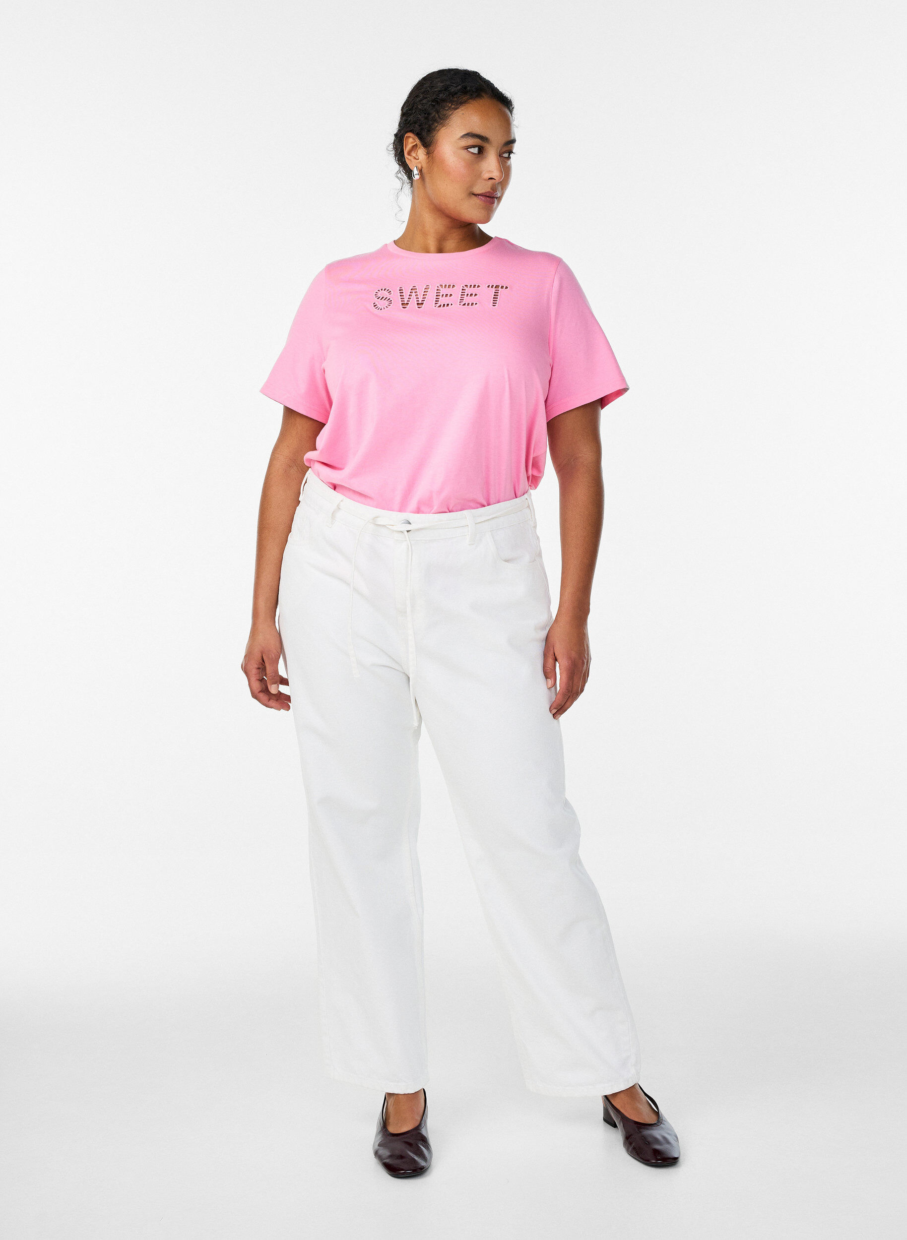 ZizziKatoenen T-shirt met geborduurde tekst, Wit, Model image number 1