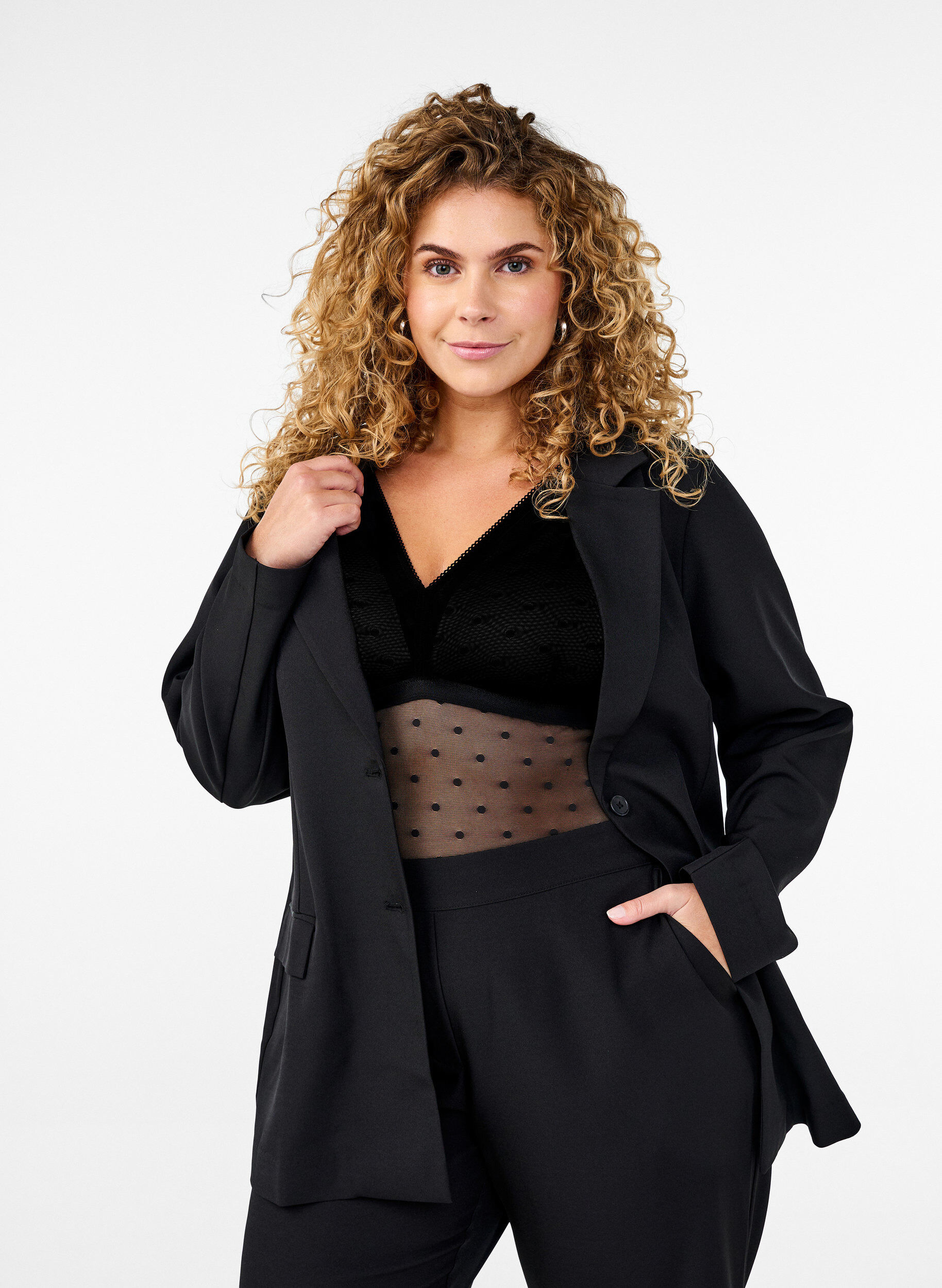 Bodystocking met gestippelde mesh en verwijderbare pads, Black, Model