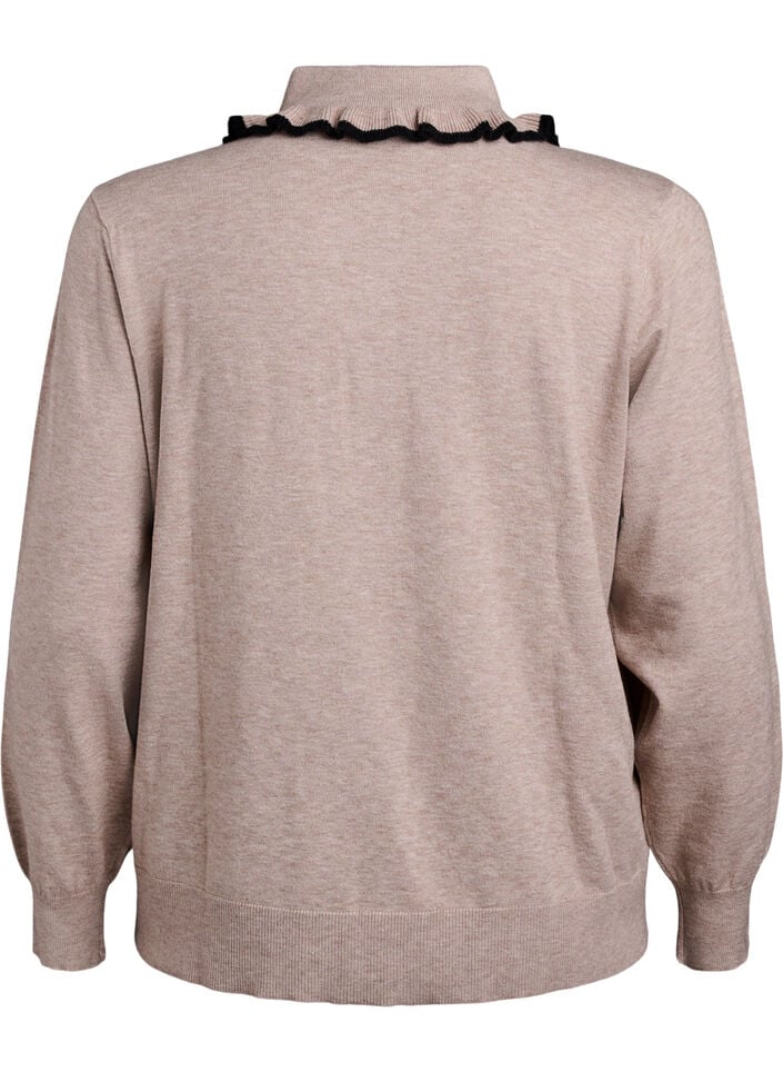Gebreide blouse met een kraag en contrasterende ruches, S. Taupe Mel w Black, Packshot
