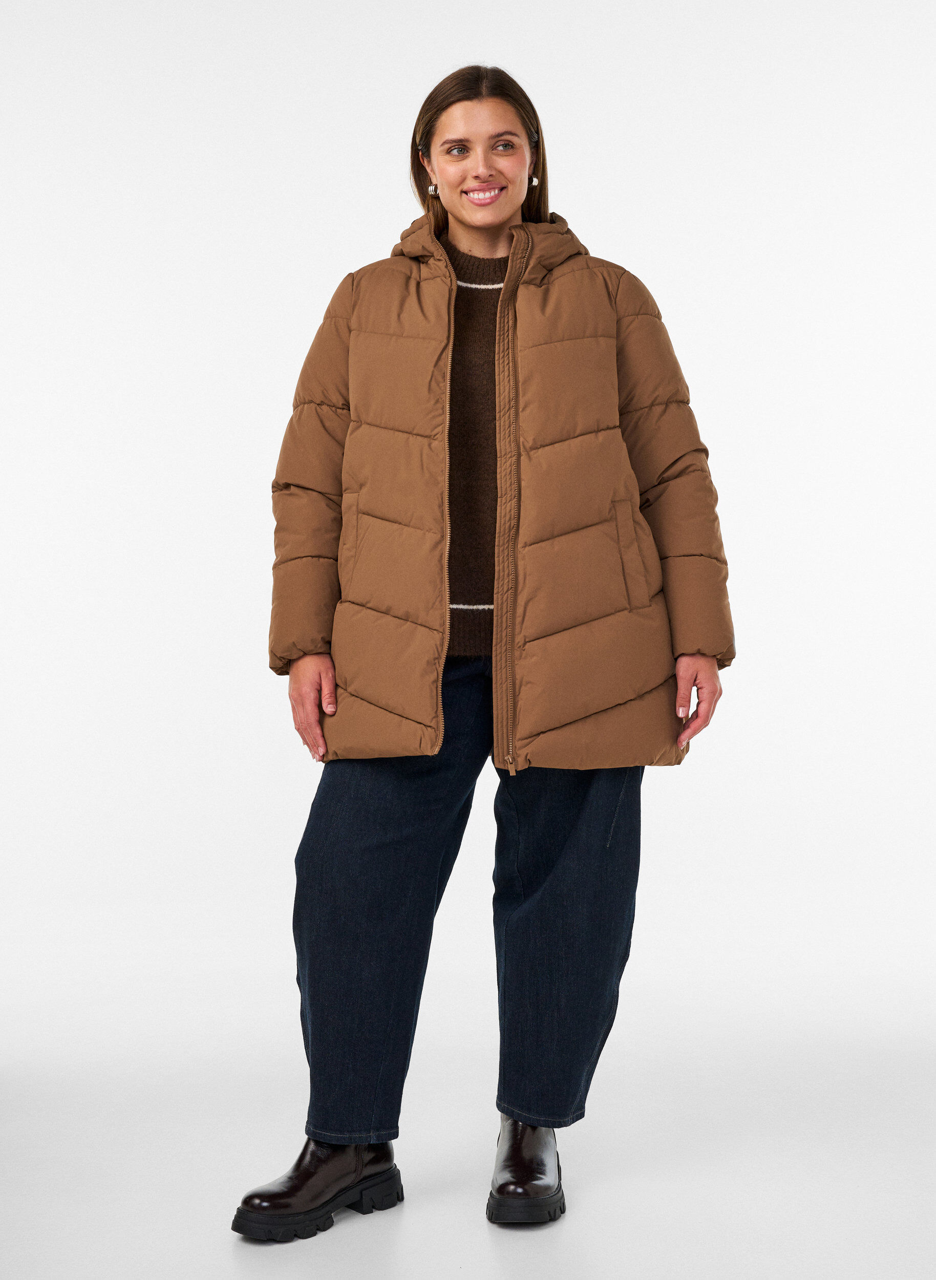 ZizziHalflange pufferjas met capuchon, Bruin, Model image number 1