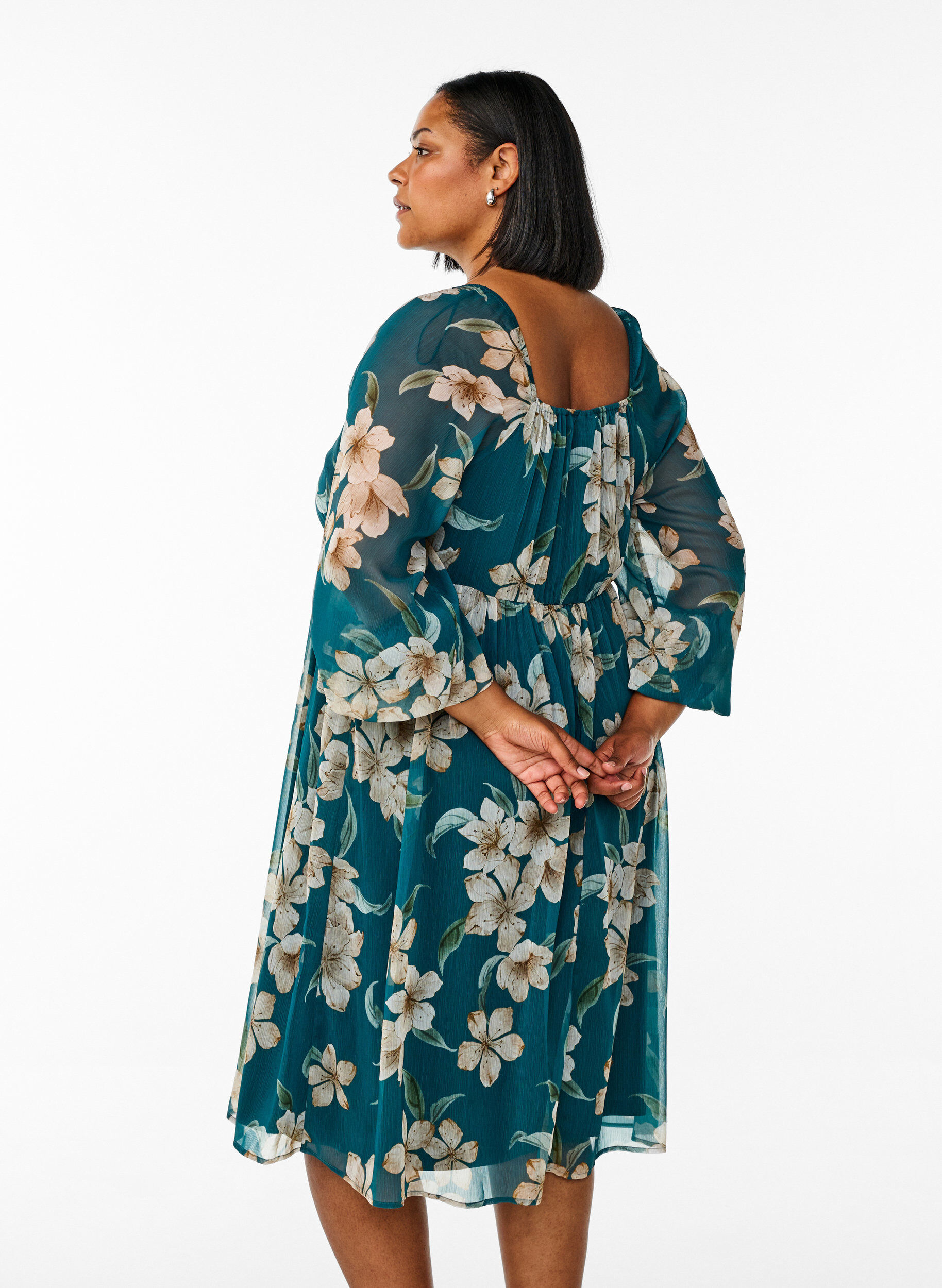 ZizziChiffon feestjurk met lange mouwen, Groen, Model image number 2