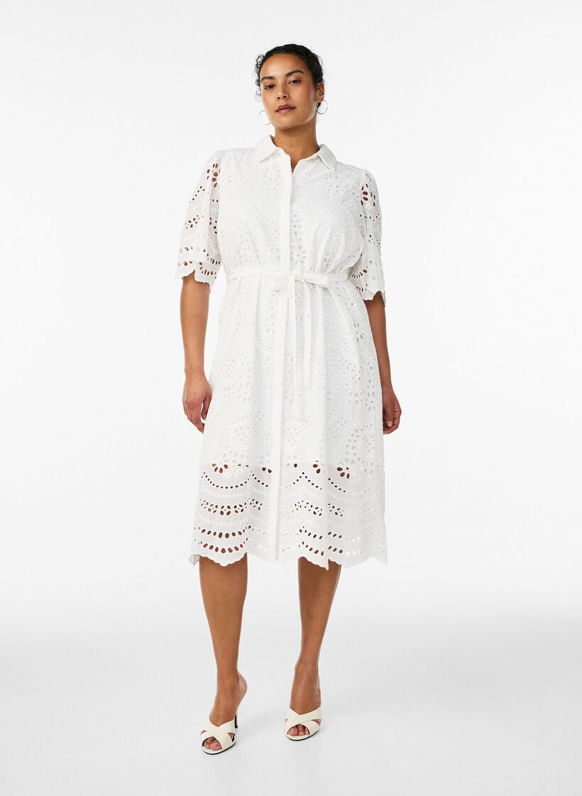 Blousejurk in broderie anglaise met strikceintuur, Wit, Model image number 1