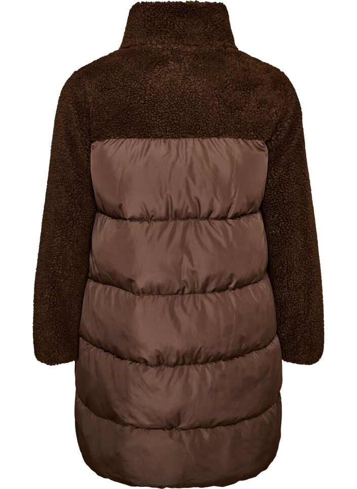 Halflange pufferjas met teddystof, Bruin, Packshot image number 1