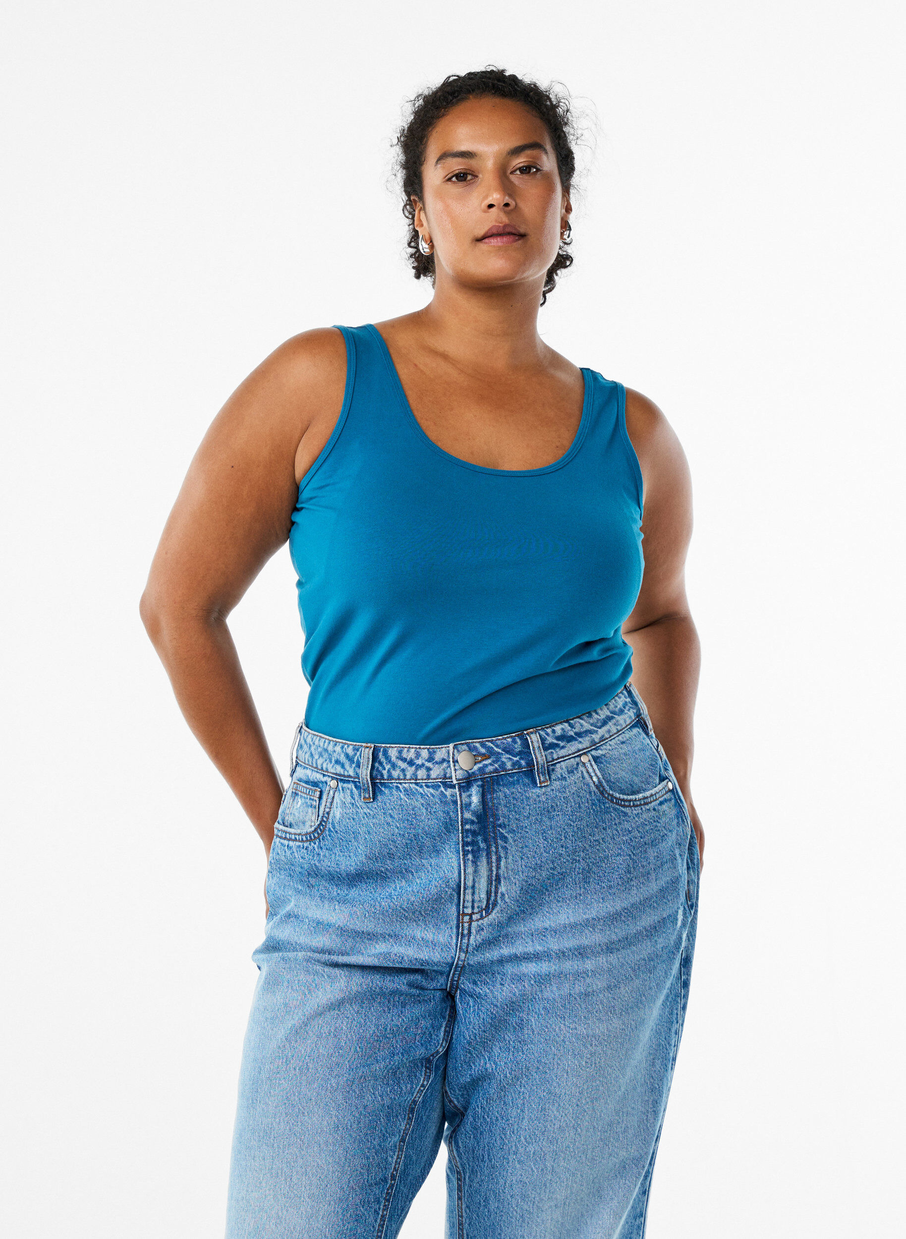 Solide kleur basis top in katoen, Blauw, Model