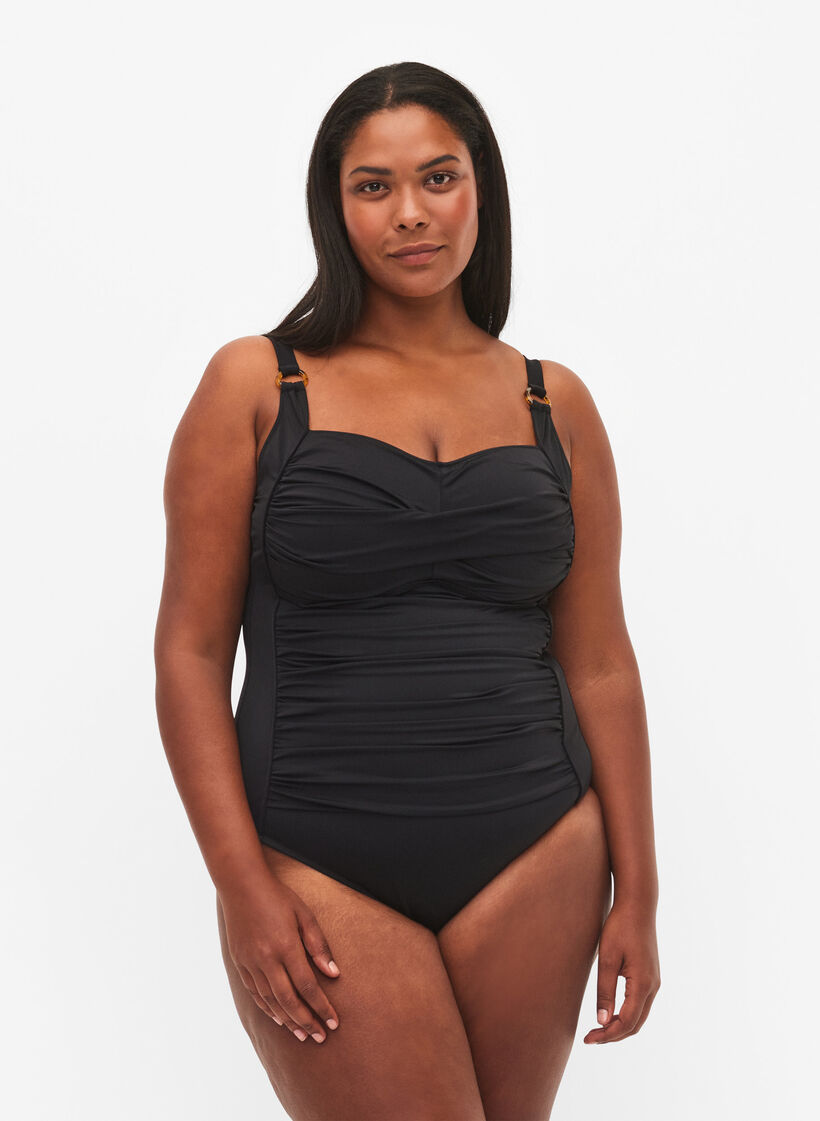 	 Gewatteerd badpak met draperie&euml;n, Zwart, Model image number 0