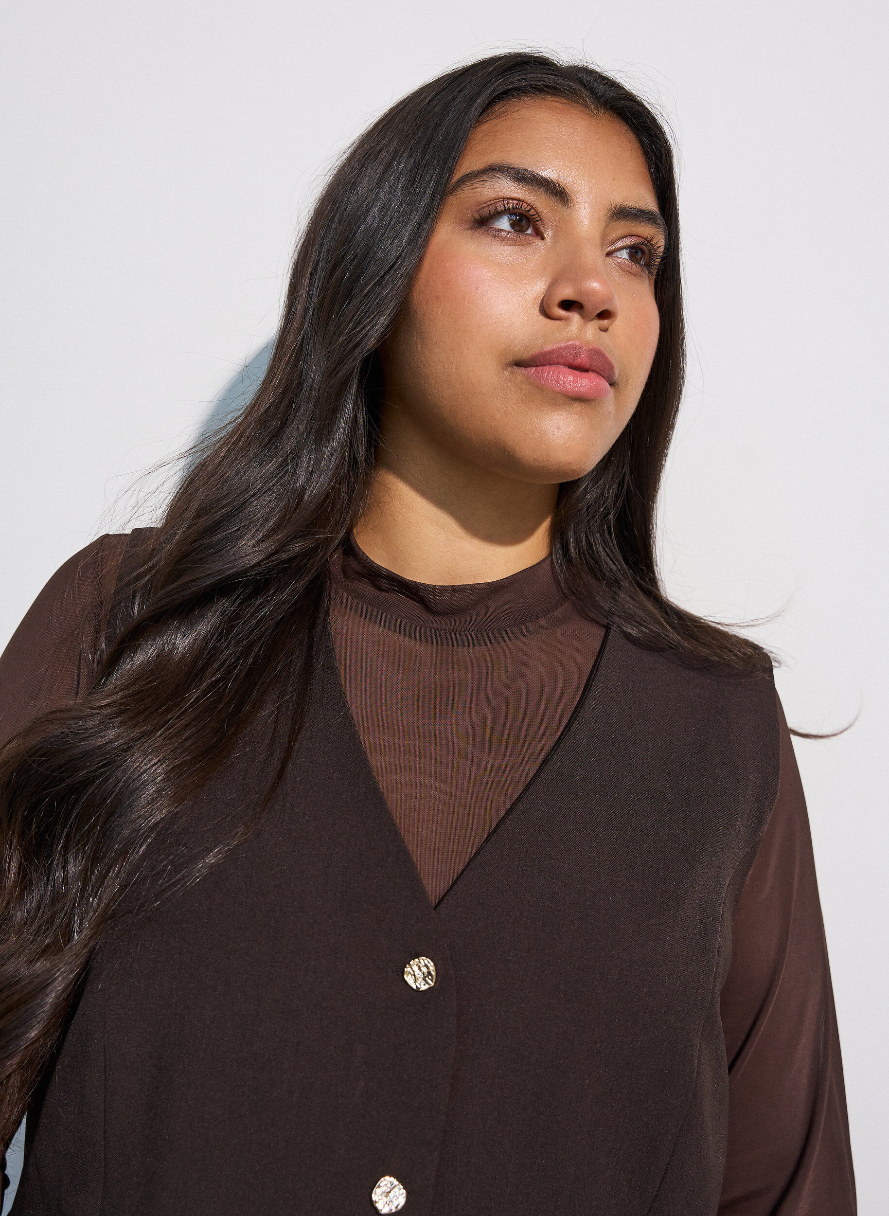 ZizziGetailleerde blouse van mesh met lange mouwen, Bruin, Model image number 3