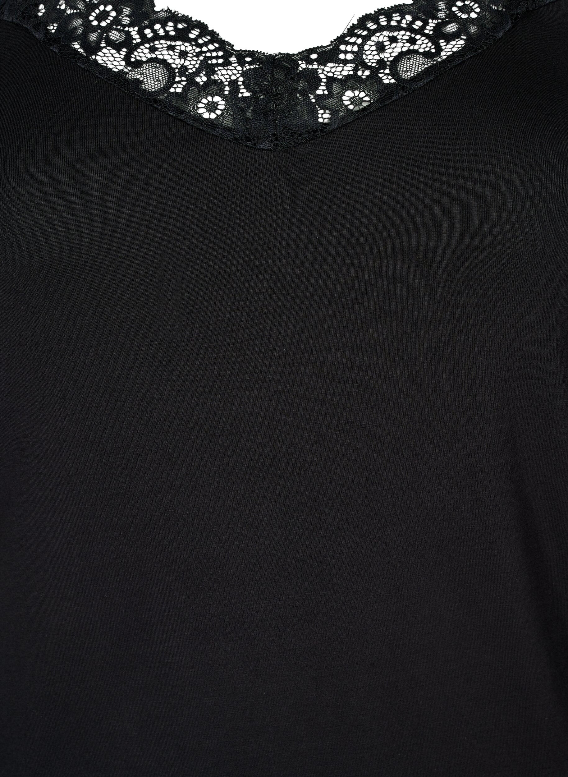 ZizziViscose top met kanten rand, Zwart, Packshot image number 2